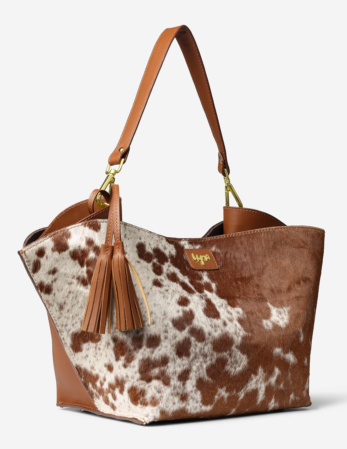 HYNA Reckless Opal Tassel Handbag – Tan & White Pattern | Premium Hair-on Cowhide & Full Grain Leather Shoulder Bag | Handmade Cowhide Purse for Women