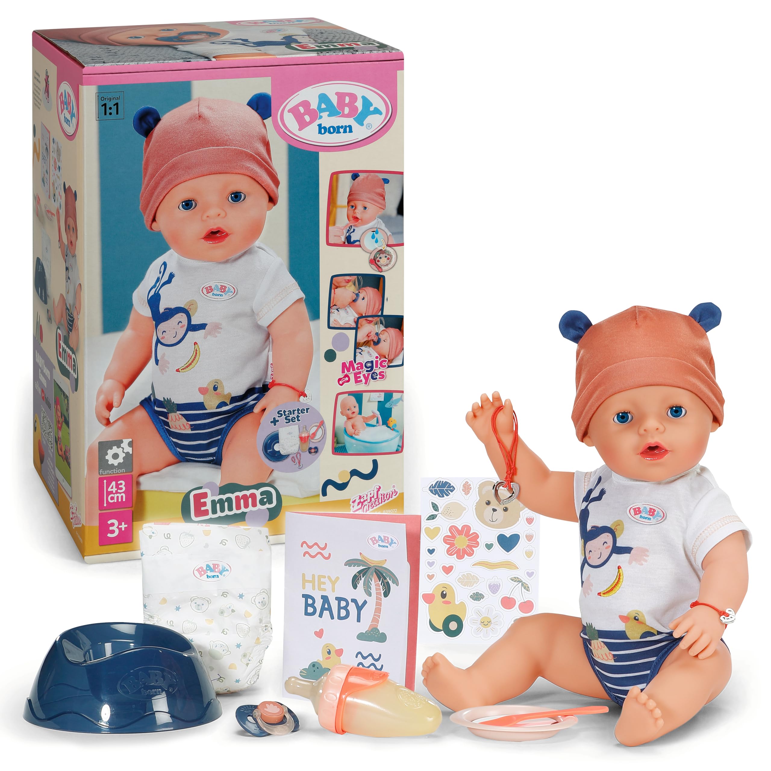 BABY Born Emma lalka w stylu dżungli – 43 cm duża lalka niemowlęca – 10 funkcji w zestawie akcesoria i śpioszki w kolorach unisex – działa bez baterii – nadaje się dla dzieci od 3 lat