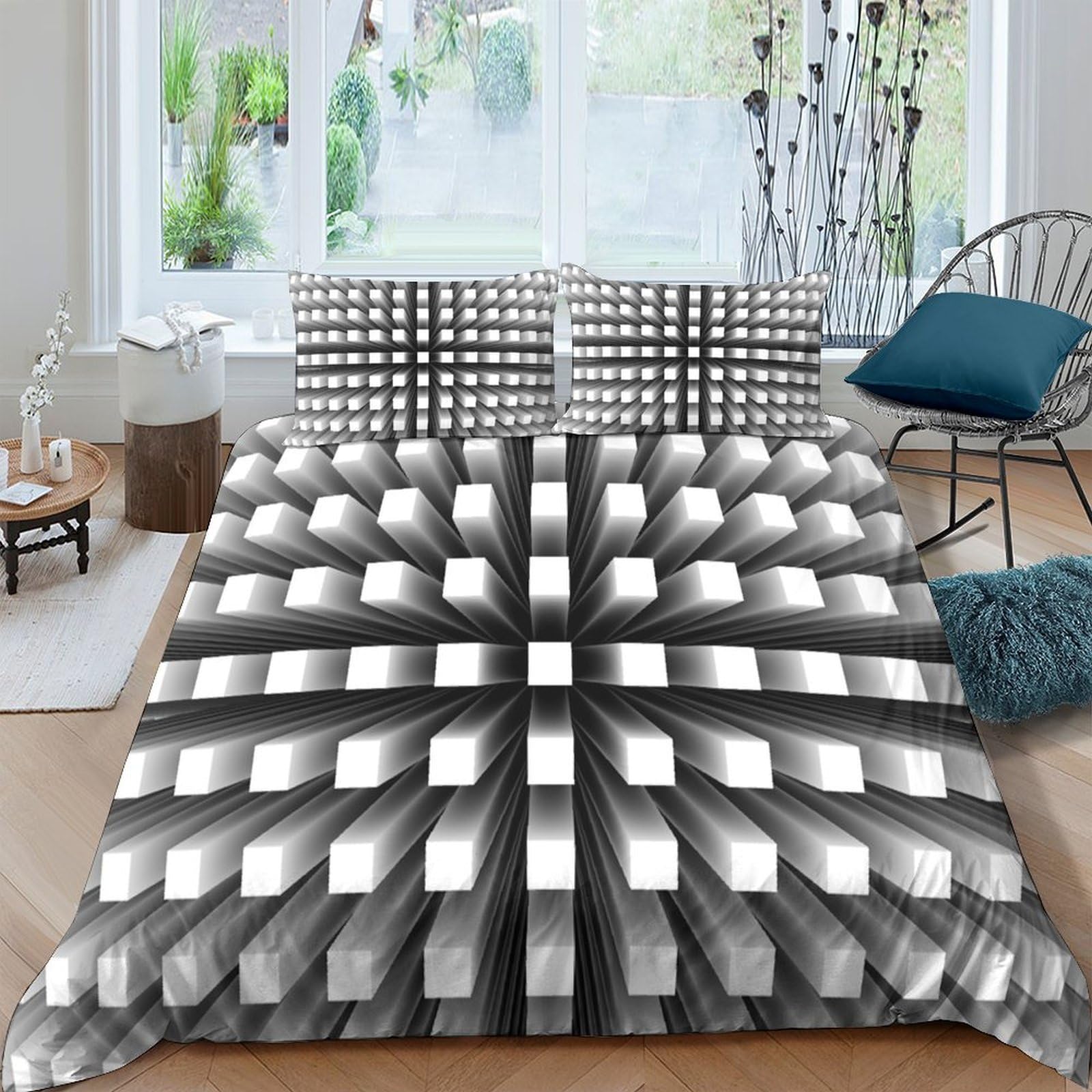 Ctjqhvkz Style-7 3D Printed Optical Illusion Fitted Sheet Microfiber Black White Geometric Bed Cover For Bedroom Decor Protection Single（135X200cm）