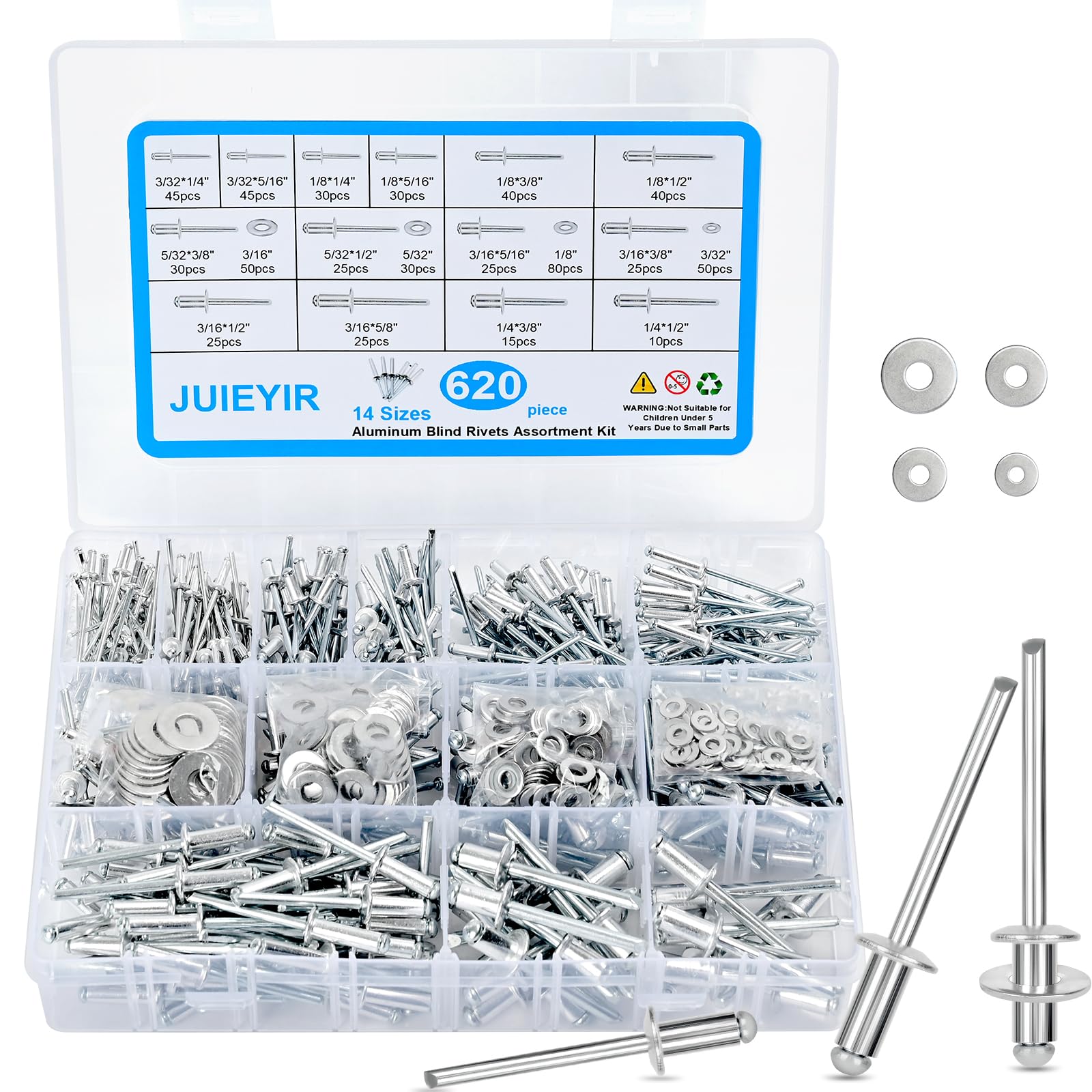 620Pcs Pop Rivets Assortment Kit, 14 Sizes Aluminum Blind Rivets (3/32" 1/8" 5/32" 3/16" 1/4") with 304 Stainless Steel Pop Rivet Washer, Assorted Blind Rivets