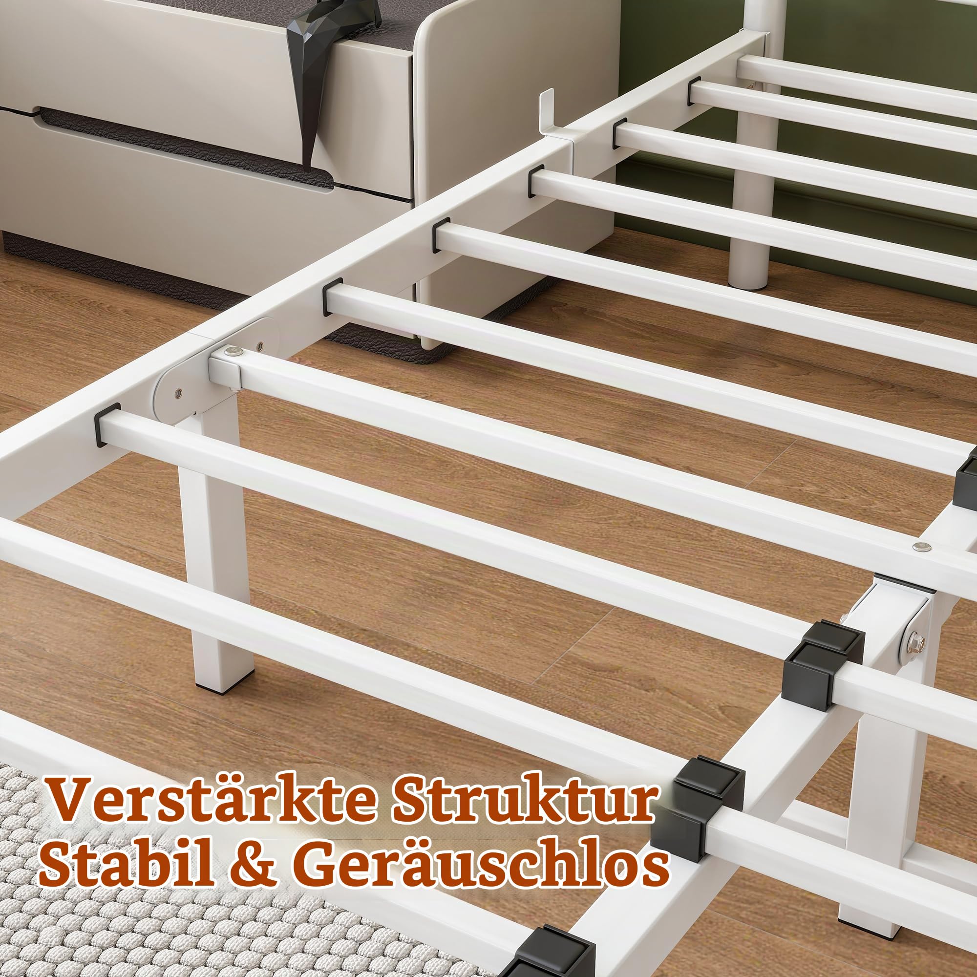 HOJINLINERO Bettgestell 120x200 mit Beleuchtung,Bett 120x200 mit Lattenrost,Bettrahmen Metall,Metallbett Doppelbett Gästebett Jugendbett mit Stauraum unter dem Bett für Schlafzimmer,Weiß