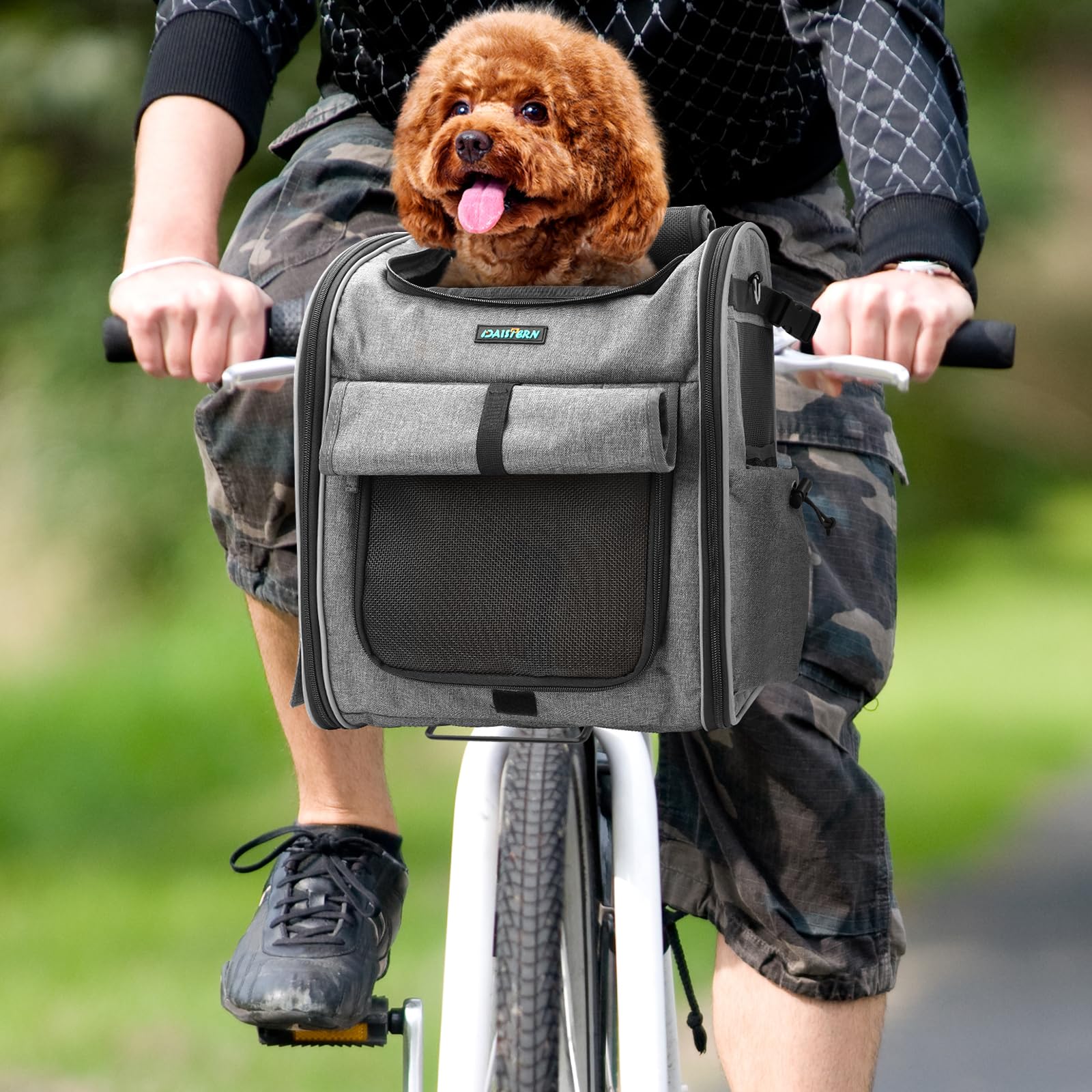 BSWAY Daistern - Cesta para perros para bicicleta delantera de hasta 10 kg, plegable 4 en 1 con soporte en L de 55 mm de diámetro, ventana de malla transpirable, bandas reflectantes, cojín para perros