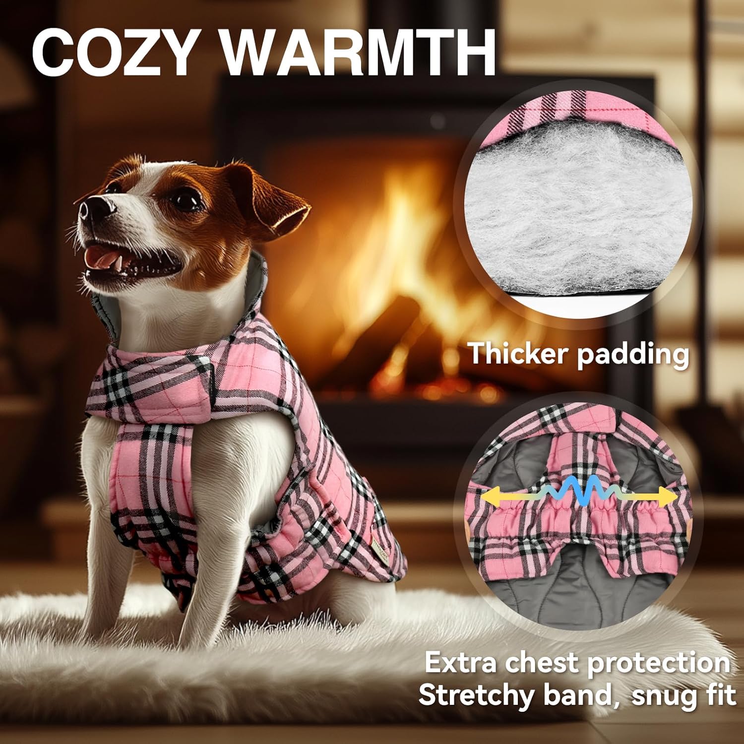 VIVAGLORY Hands Free Dog Leash + Dog Coat, Reversible Jacket Plaid Checkered Warm Fluffy, Running Leash with Waist Belt for Running Walking