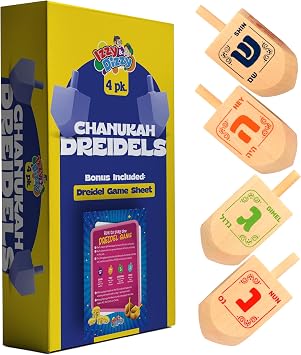 Izzy n Dizzy Hanukkah مجموعة من 4 قطع من الخشب الطبيعي Dreidel - متوسطة الحجم