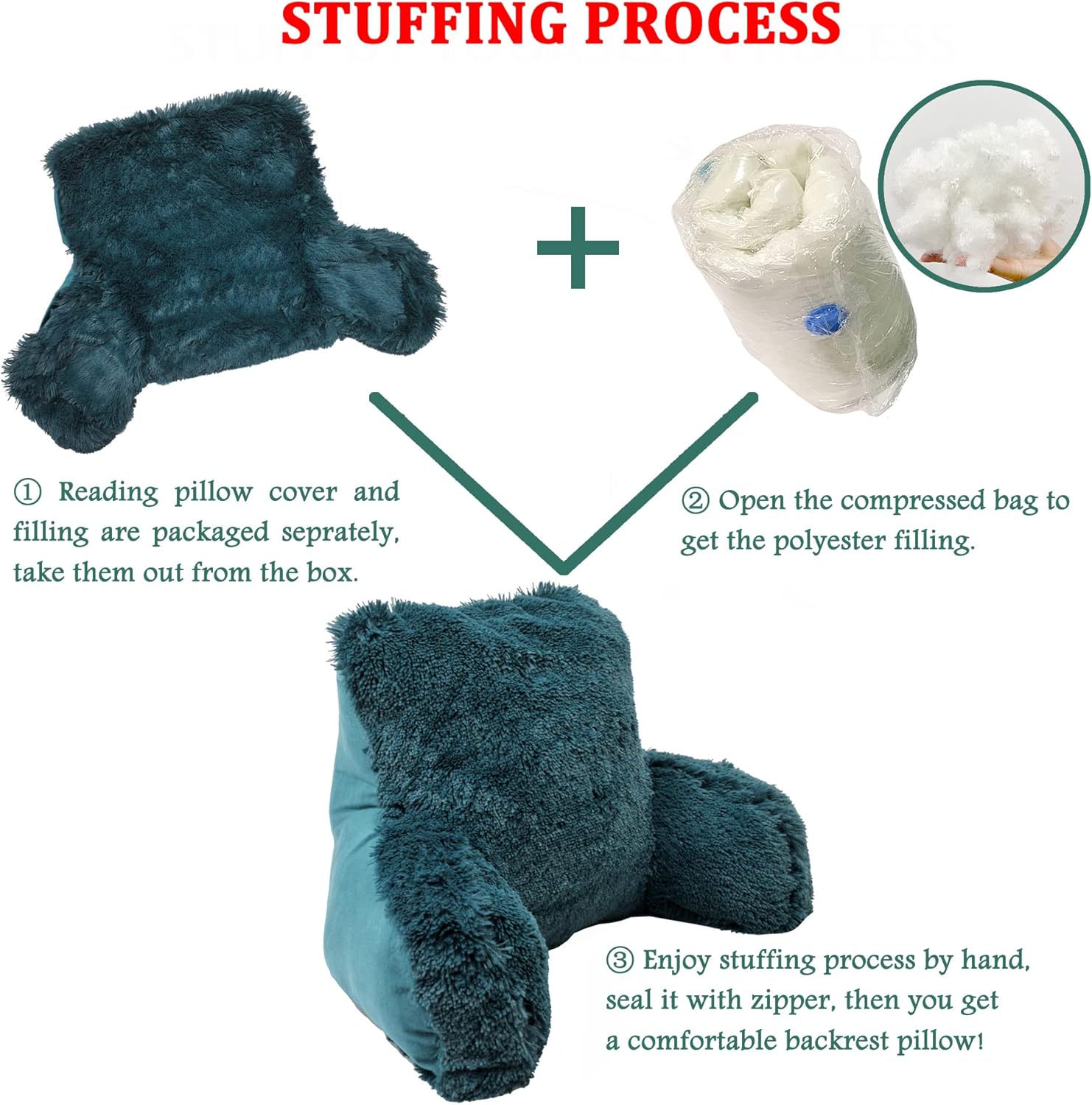 DIY Assembly Plush Shaggy Faux Fur Backrest Reading Bed Rest Pillow with Arms for Sitting in Bed Couch Sofa, Back Support Wedge Cushion with Removable Cover, 20" x 18" x 17", Dark Teal