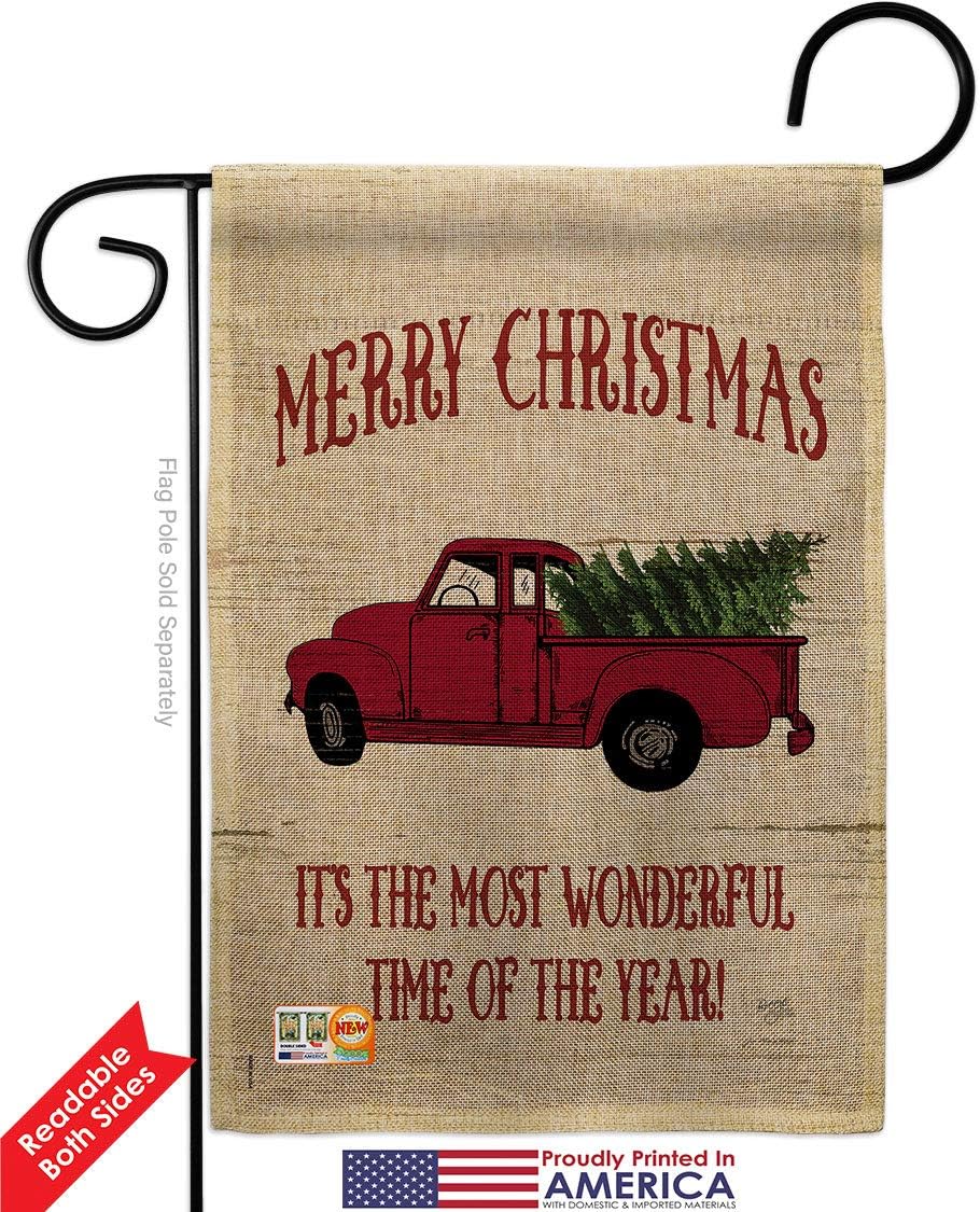 Merry Christmas Vintage Truck Burlap Garden Flag Set Wall Hanger Wintertime Santa Marry Xmas Present Reindeer Season Snow Small Decorative Gift Yard House Banner Double-Sided Made In USA 13 X 18.5
