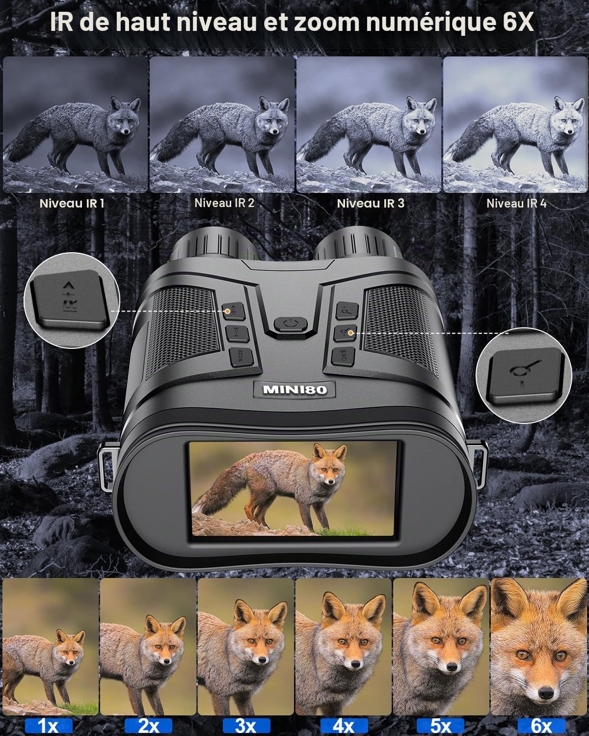 4K Jumelles & Lunette Vision Nocturne,1080P 6000mAh Rechargeable Infrarouge Vision Nocturne avec 3" HD ÉCRAN Zoom Numérique 6X, pour la Chasse, l'observation des Animaux, Le Camping