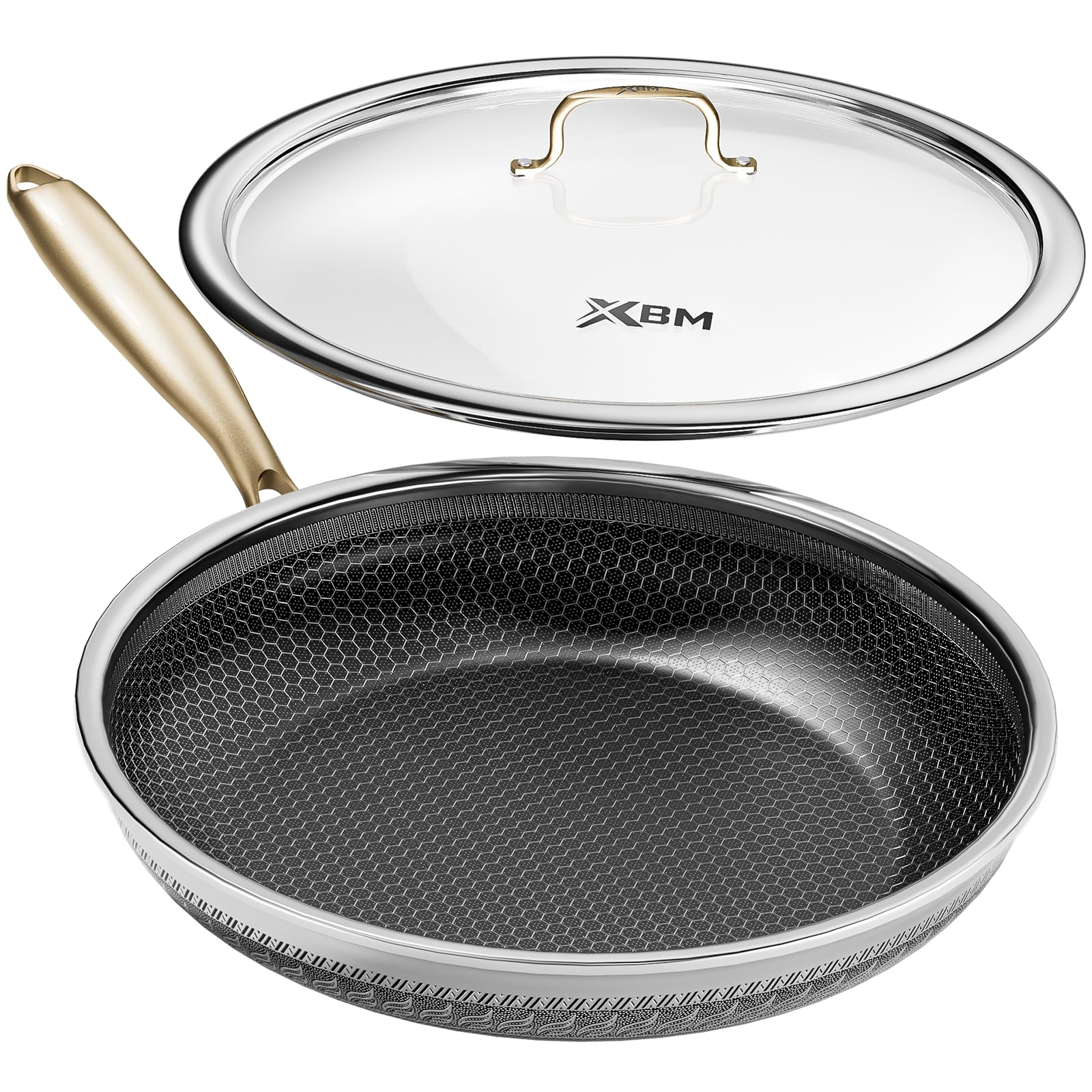 XBM Frying Pan Nonstick with Lid 8 in, Honeycomb, PFAS-Free, All Cooktops | 8 Inch; non stick frying pan; skillet; induction; oven safe; dishwasher
