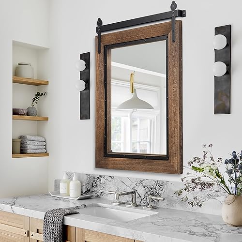 Miniatura 5 de YOSHOOT Espejo rústico para puerta de granero, espejo de baño rústico de 40 x 30 pulgadas, espejo de pared con marco de madera, espejo de madera