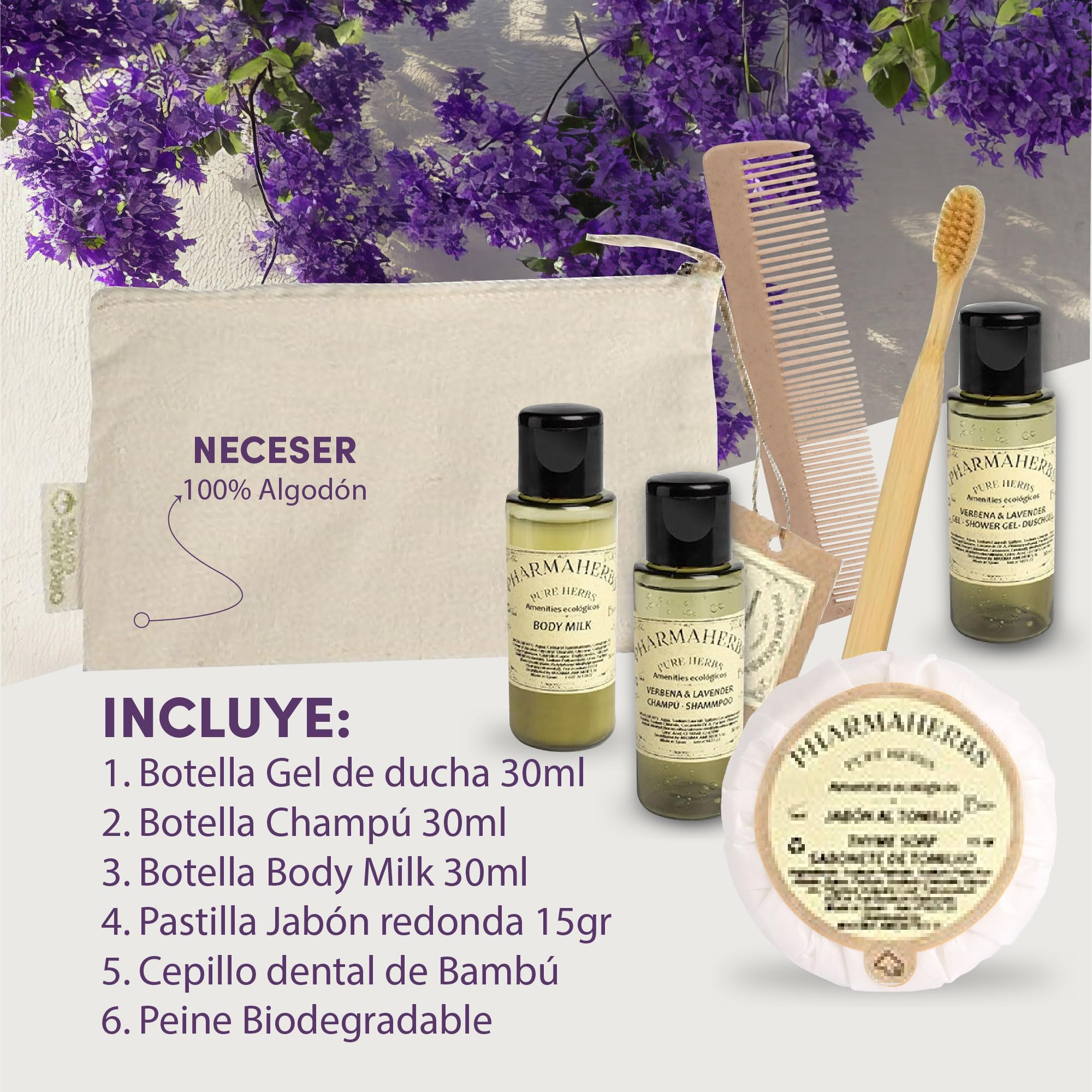 Pack de 50 Kits Completo en Neceser de Algodón - Incluye Gel, Champú, Body Milk, Jabón, Cepillo Dental de Bambú y Peine Biodegradable, Ideal para Hoteles y Viajes
