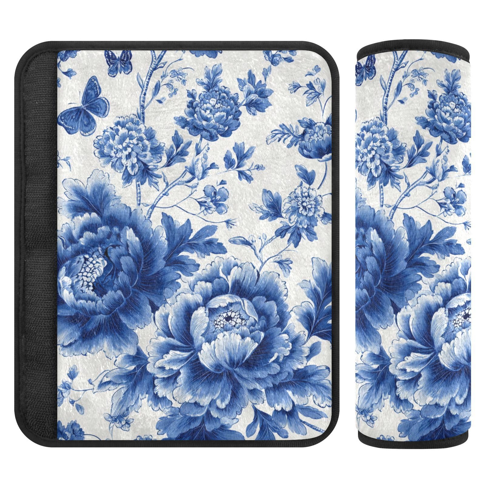 Blue and White Peony Flowers Butterfly Seat Belt Cover Pad 2 Pcs Soft Cute Seatbelt Covers Protector Support Head Neck Shoulder Strap for Car Seats High Chair Backpack for Adults Kids Women Men