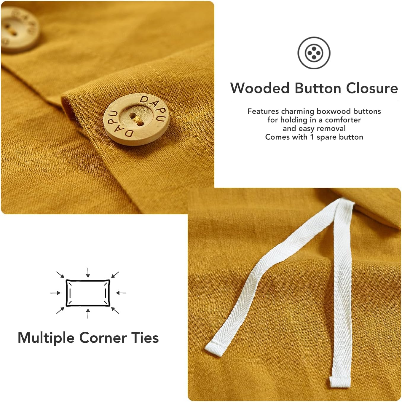 DAPU Linen Duvet Cover King, Washed Lightweight Bedding Set with Buttons Closures, 3 PCs Hypoallergenic Soft Linen Cotton Blend Duvet Cover Set with Multiple Corner Ties (Mustard Yellow, King) - Image 3