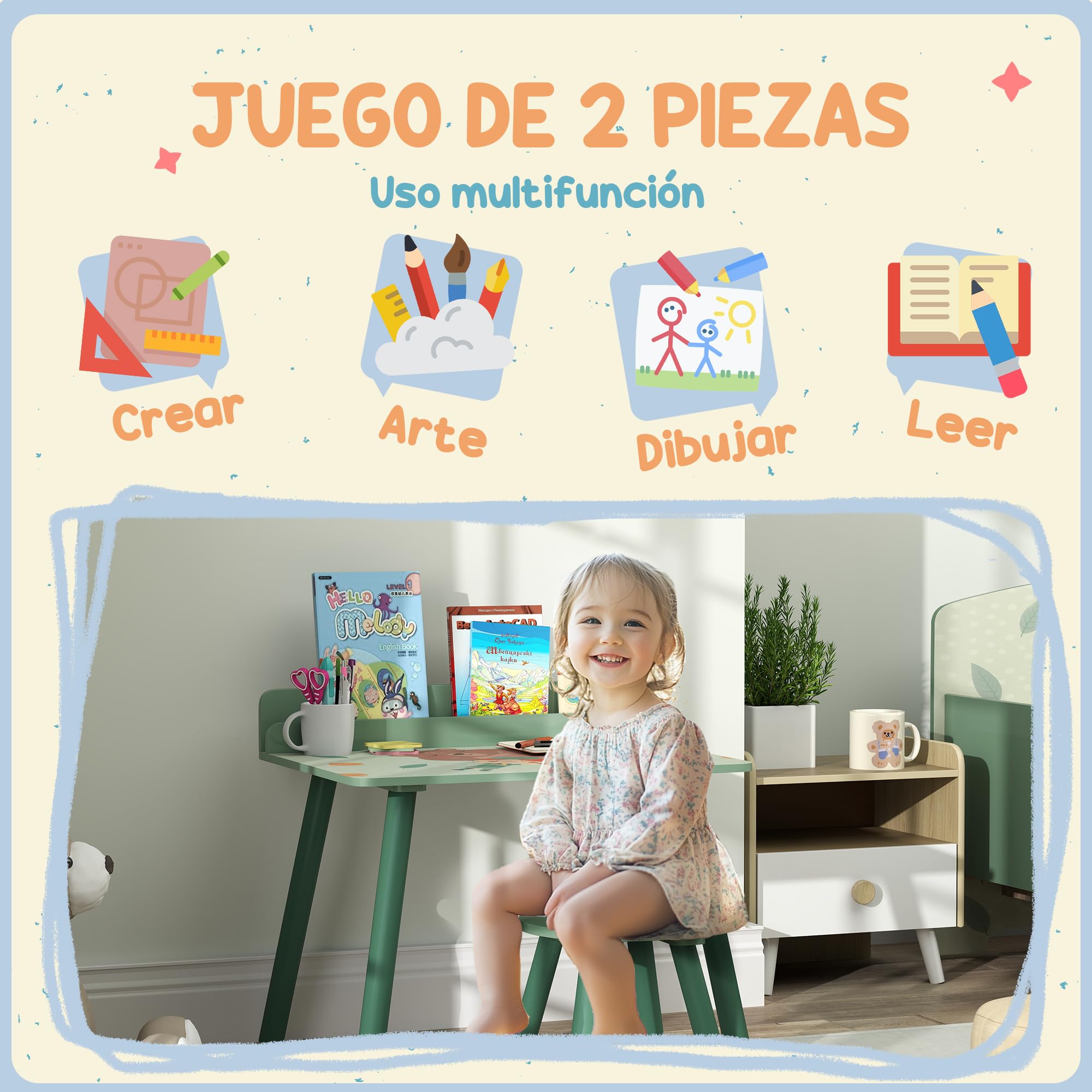 AIYAPLAY Mesa y Silla Infantiles de 2 Piezas Mesa Infantil con Silla y Estante para Libros Escritorio para Niños de +3 Años para Sala de Juegos Verde