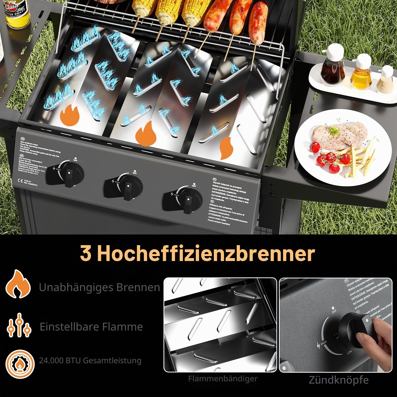 KOMFOTTEU Gasgrill mit 3 Brennern & Thermometer, 24.000 BTU, Außengrill mit 2 Seitenplatten, Grillrost, 2 Rollen, Gartengrill für Camping, Hof, 106 x 47 x 98 cm