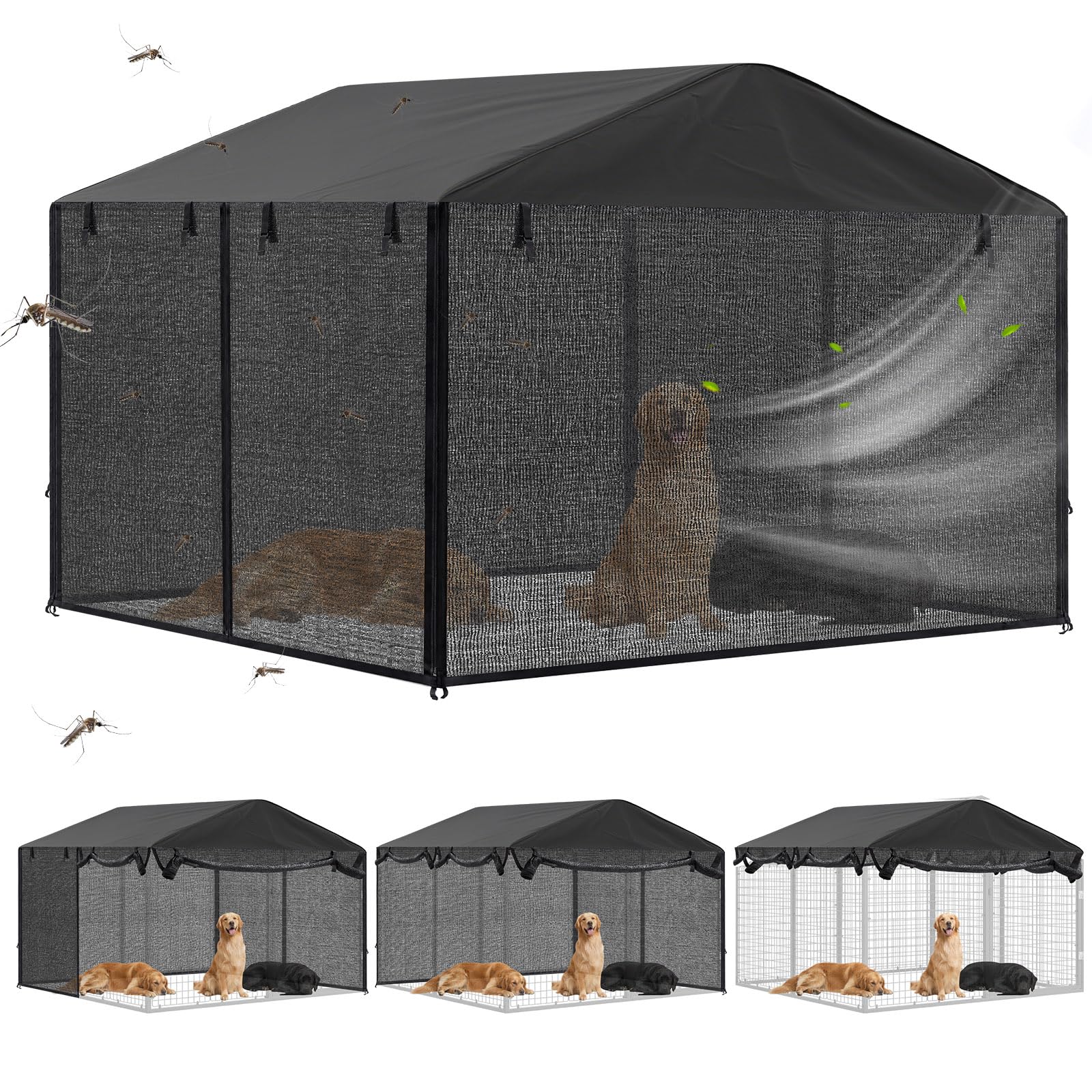 Chunm Outdoor Dog Kennel Cover with Full Coverage Mosquito Net for 6.5'd x 6.5'w x 6'h Dog Cages, Breathable Kennel Shade Mosquito Net, Waterproof Windproof Anti UV Sunscreen, Only The Cover
