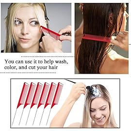 Patelai 30 Pieces Parting Comb for Braids Steel Hair Pin Rat Tail Carbon Fiber Heat Resistant Teasing Combs with Stainless Steel Pintail(Red)