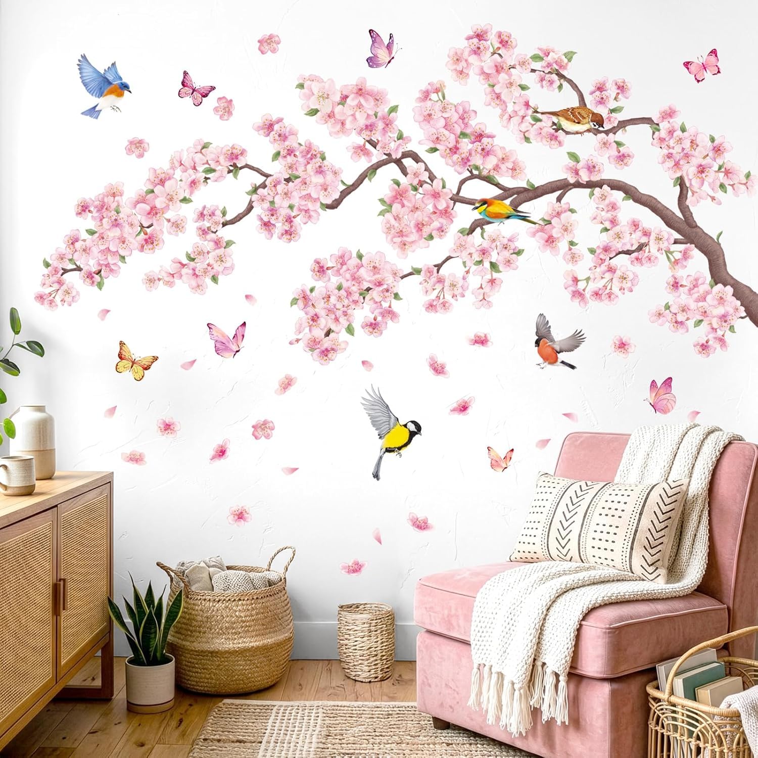 GADGETS WRAP Cherry Blossom Tree Wall Stickers – Pink Flower and Bird Removable Wall Decals for Bedroom, Nursery and Lounge Room Décor-image-43