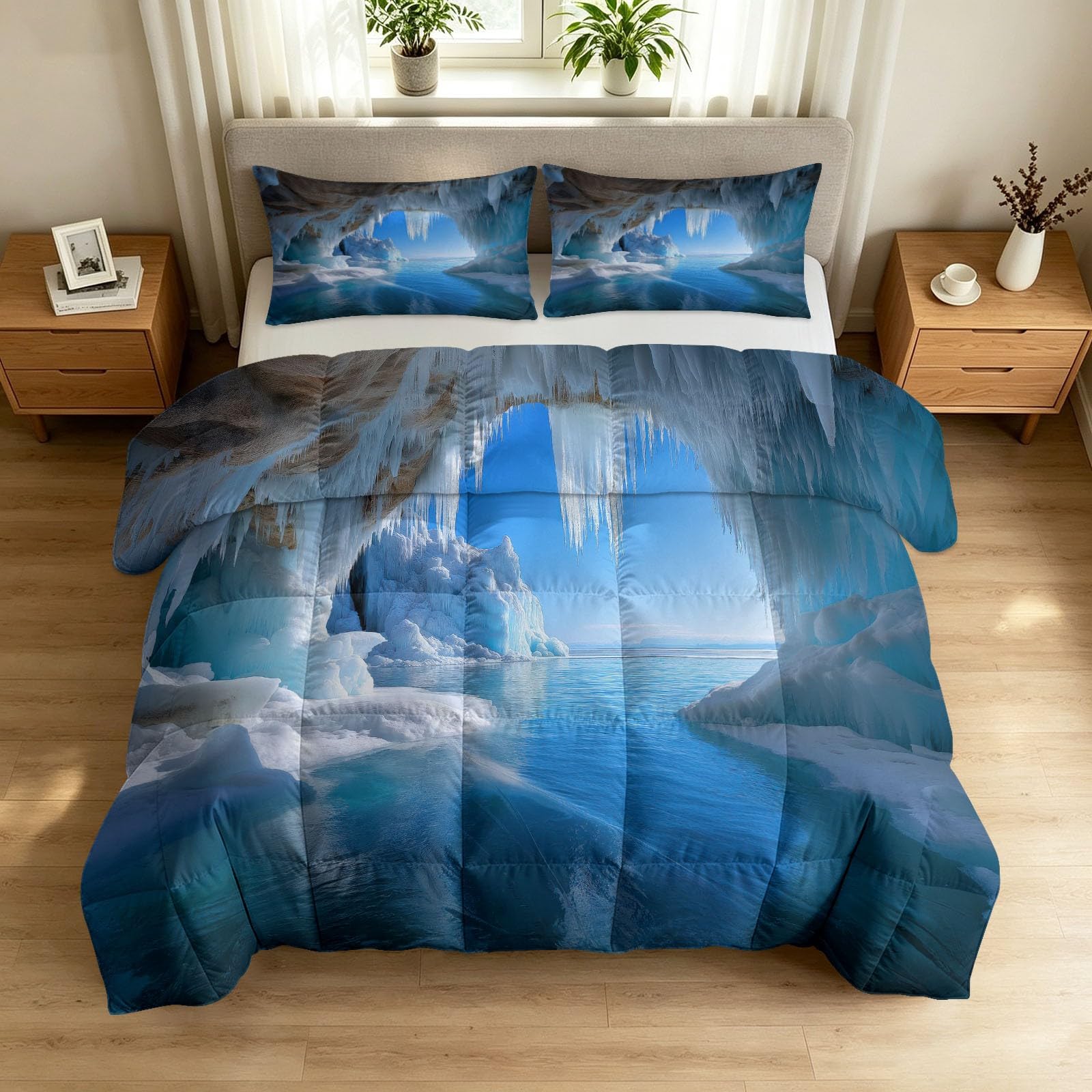 Générique Kołdra 220x240 cm 4 pory roku, model jaskiń lodowcowe morze, dwuosobowa kołdra fotografia lodowcowa, zmywalna kołdra bez rękawów, miękka lekka dwustronna z 2 poszewkami na poduszki
