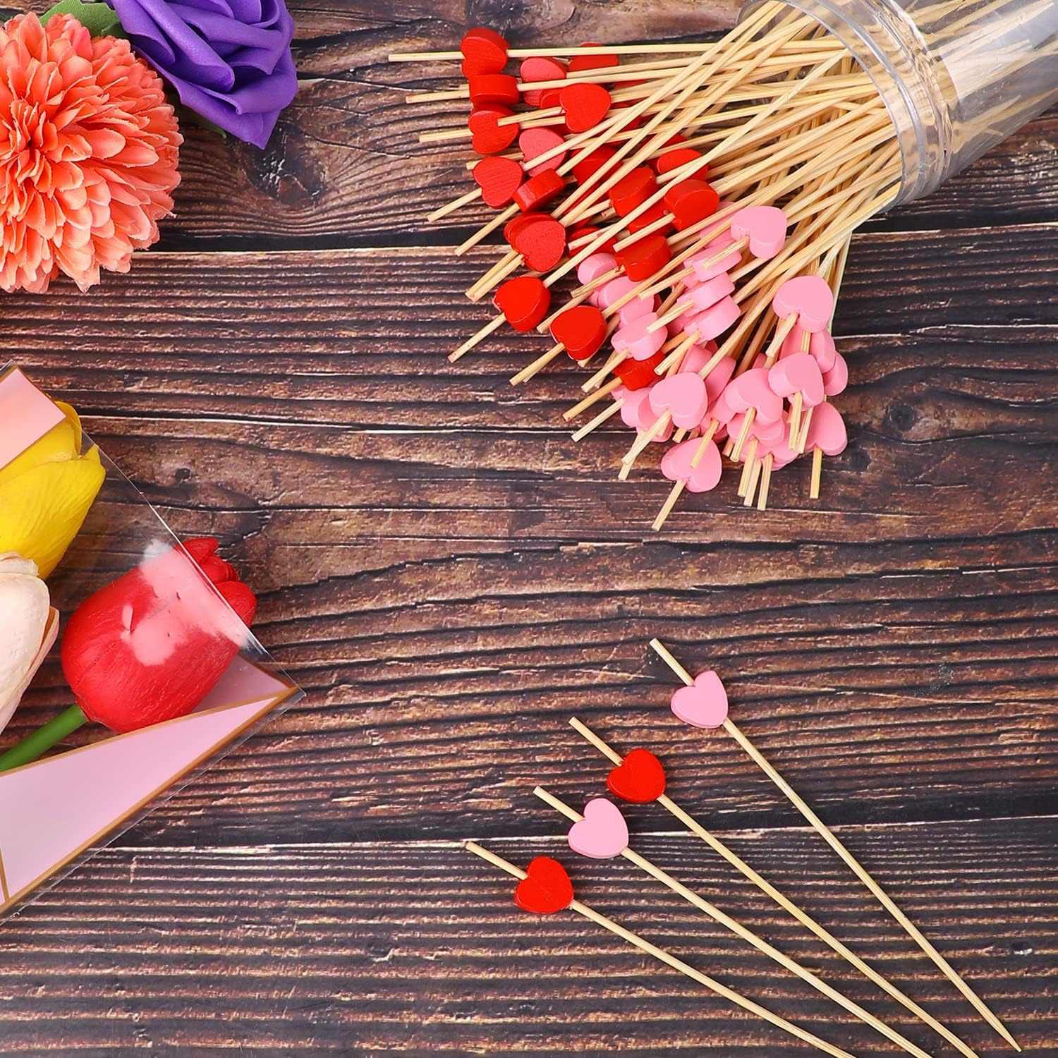 200 Pezzi Atuzzicadenti Cuori, Rosso Rosa Stecchini per Aperitivo Cuori, Stuzzicadenti Feste in Legno Cuore per Torte Frutta Dessert Cibo San Valentino e Matrimoni (Rosso Rosa-A)