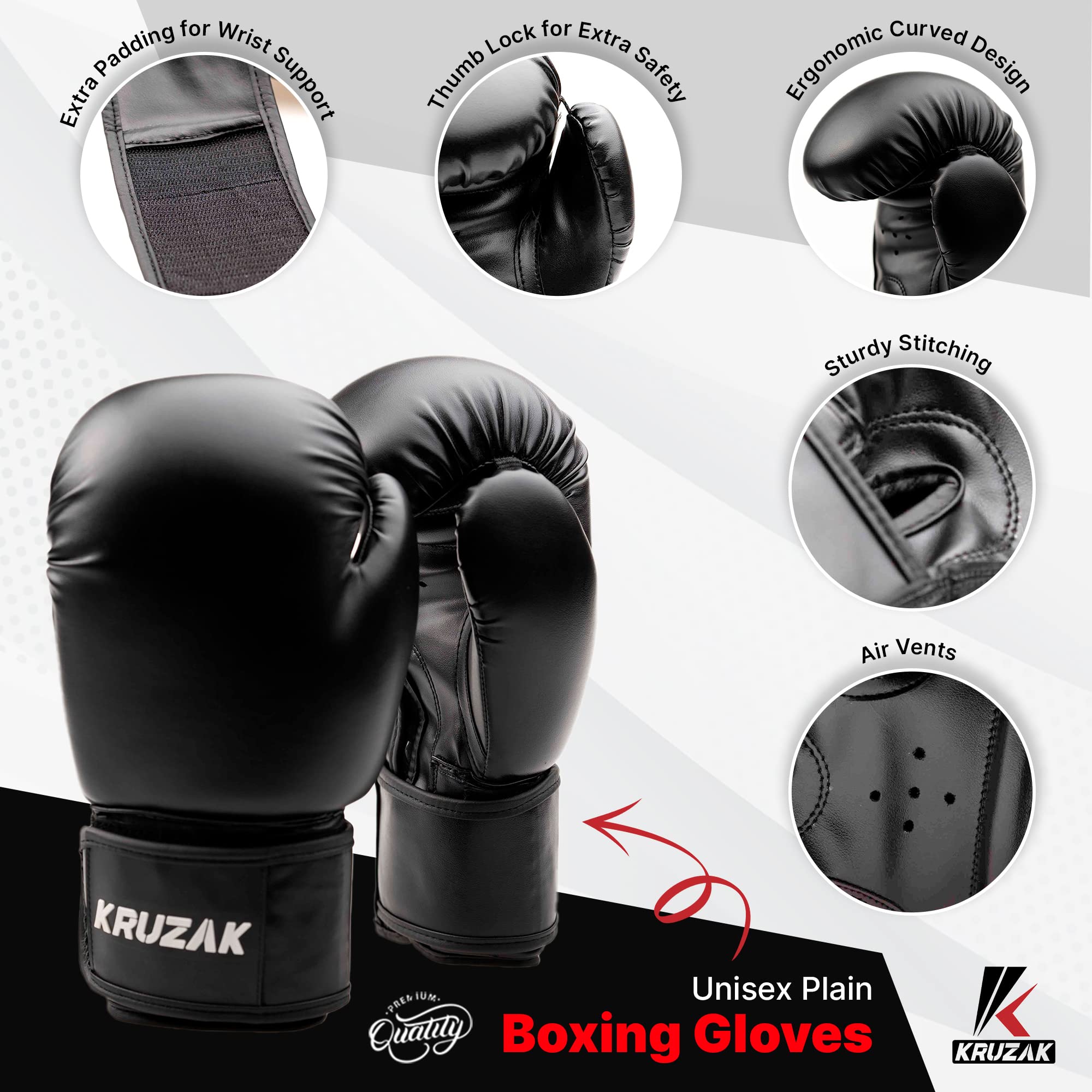 Kruzak Set di guanti da boxe e guanti da boxe per kickboxing e Muay Thai MMA Training - Kit fitness con pastiglie per arti marziali e karate (colore nero, 340,2 g)