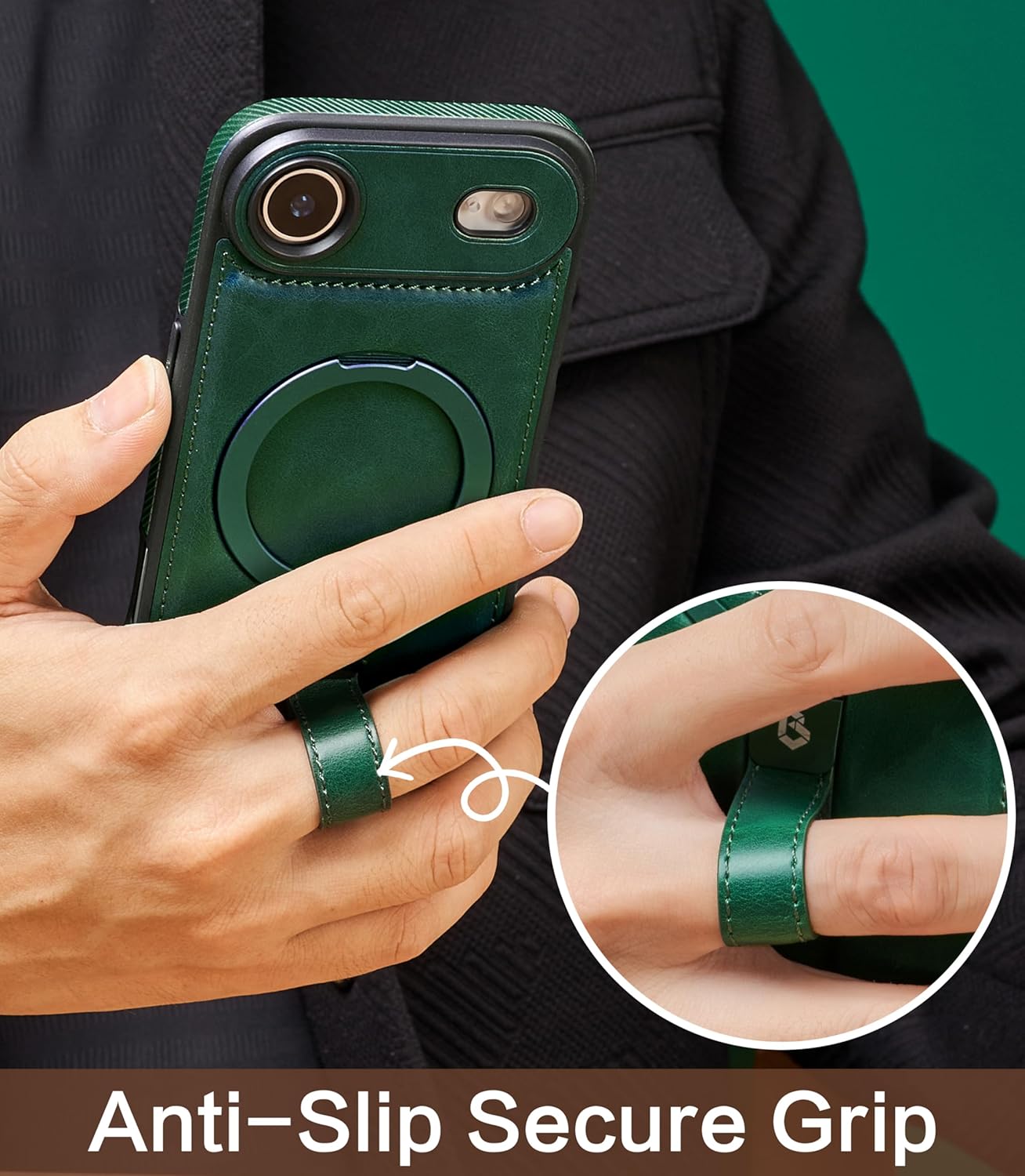 for iPhone Air Leather Case with Stand, Anti-Slip Grip Ring, Fits for MagSafe (Green,IP Air-6.5inch) - Image 3