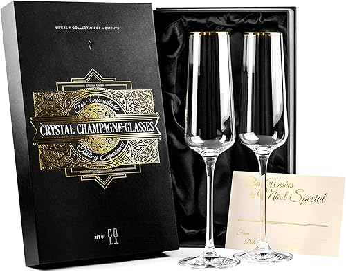 Vasos de regalo de champán con borde dorado, juego de 2, copas cuadradas de cristal para brindis para novia y novio, boda, aniversario, cumpleaños,