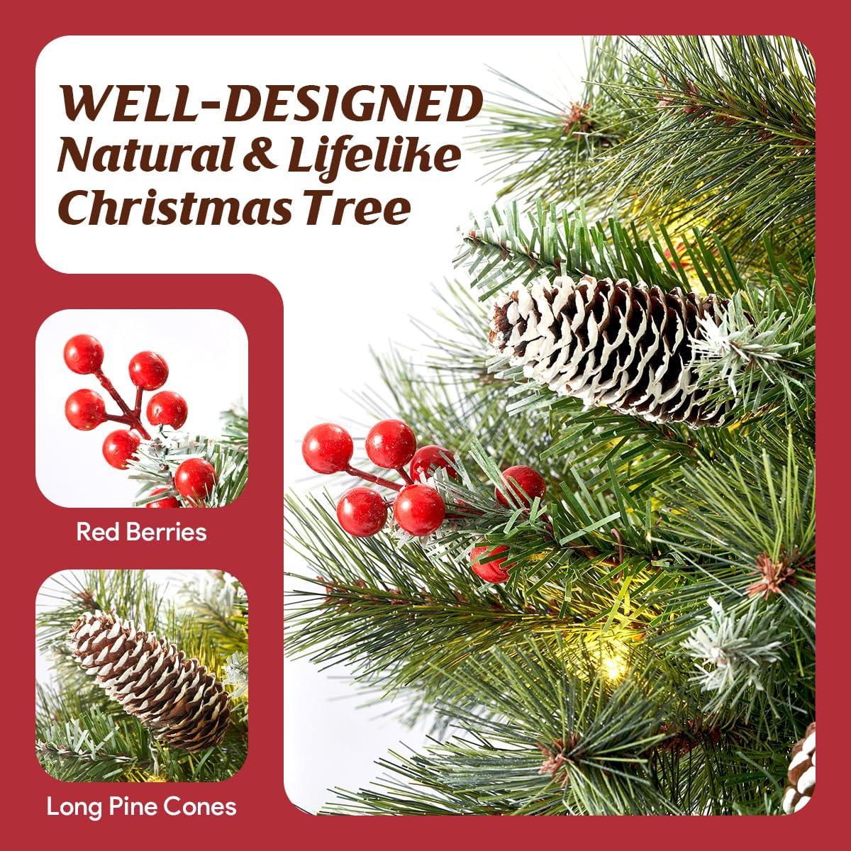 Outdoor Christmas Tree Frosted Urn Filler 2 Set, Prelit Artificial Flocked Xmas Tree with Cones & Red Berries for Porch Yard, Small Christmas Tree with 50 Warm & Colorful Lights (Silver)