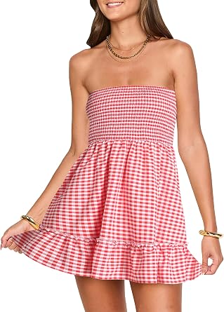 Tsher Tube Top Dress for Women Summer Solid Strapless Mini Dresses Off The Shoudler Ruffle Beach Cover Sundress