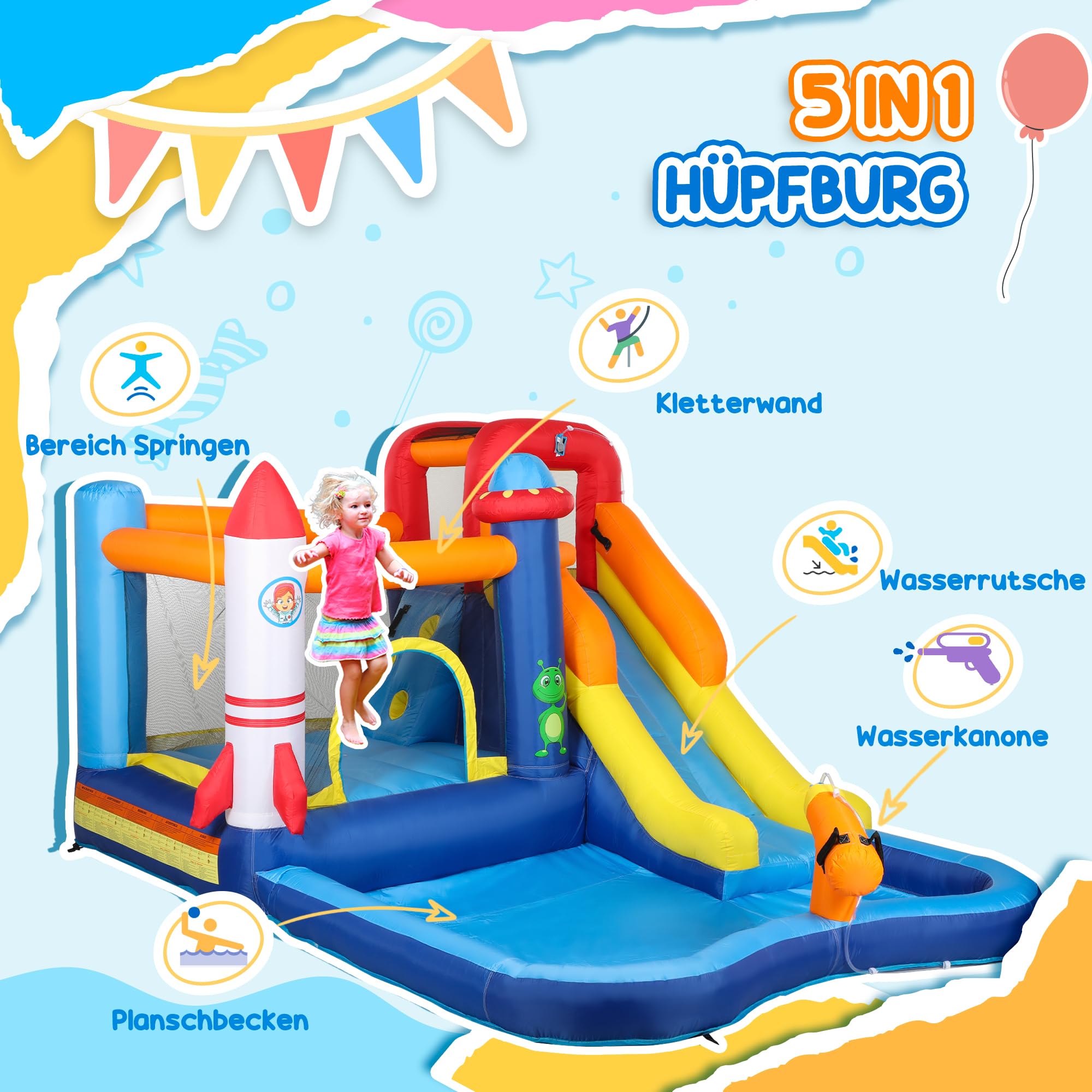 AIYAPLAY Hüpfburg mit Gebläse, Aufblasbare Wasserpark mit Rutsche, Planschbecken, Kletterwand, Sprung, Wasserkanone, Tragetasche Wasserspielcenter für Kinder 3-8 Jahren, 360 x 250 x 195 cm
