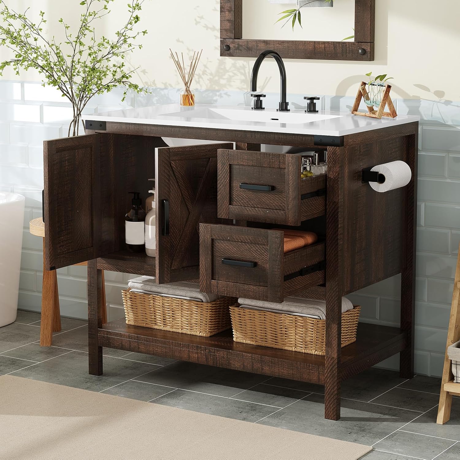 AMERLIFE 36" Farmhouse Bathroom Vanity with Sink Combo, Freestanding Small Single Wood Barn Door Bath Storage Cabinet Set with Sliding Drawers & Open Shelf, Paper Towel Holder, Rustic Brown