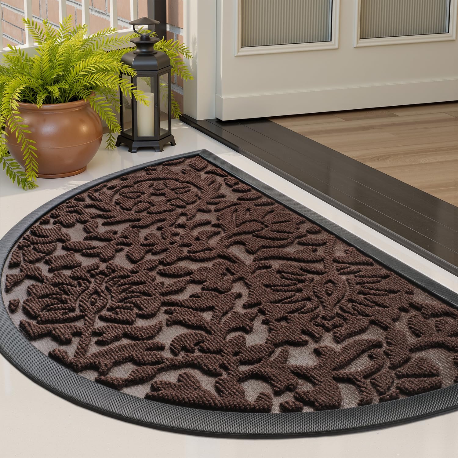 tchdio Zerbino mezzo rotondo per porta d'ingresso, in gomma antiscivolo, per ingresso esterno, a basso profilo, resistente, facile da pulire, per tutte le stagioni, 43 x 76 cm, marrone
