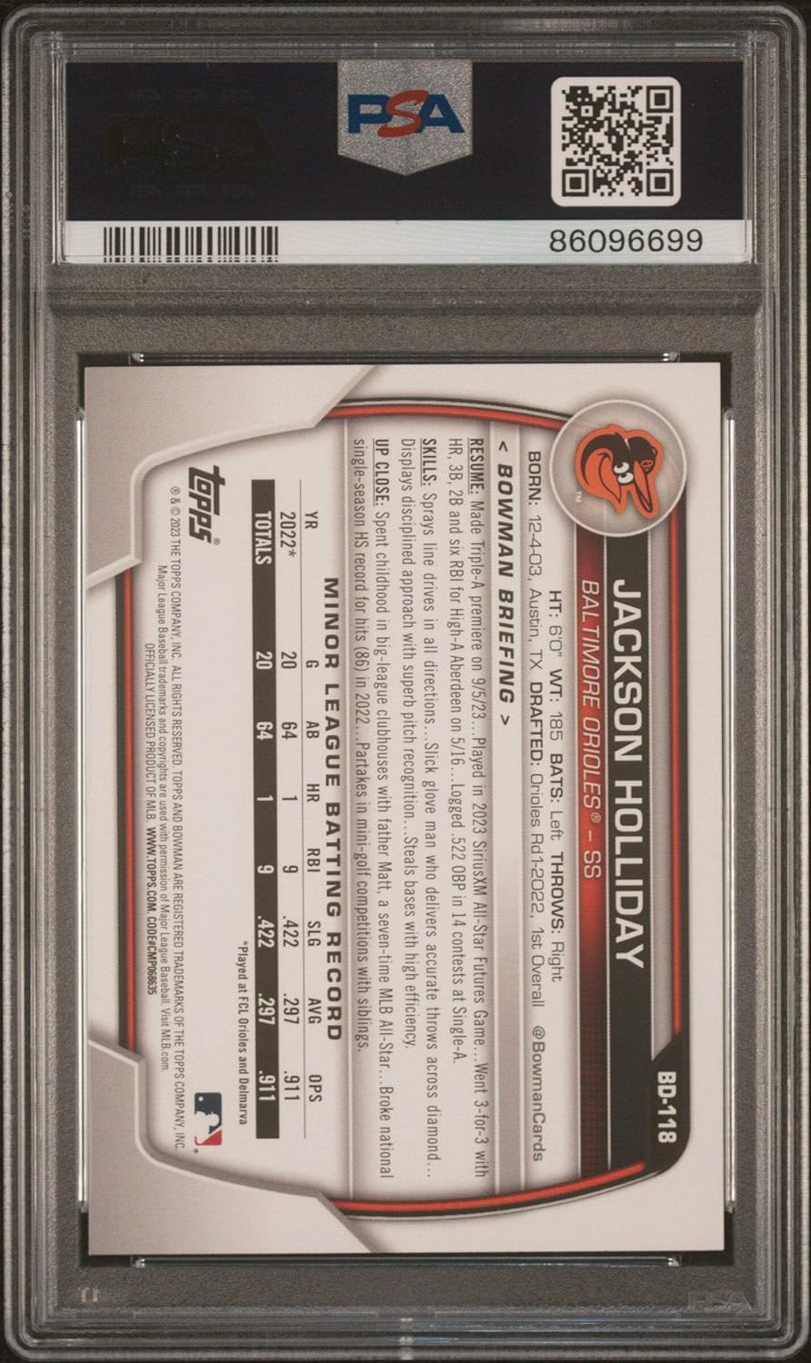 Graded 2023 Topps Bowman Draft Jackson Holliday #BD118 Rookie RC Baseball Card PSA 10 Gem Mint