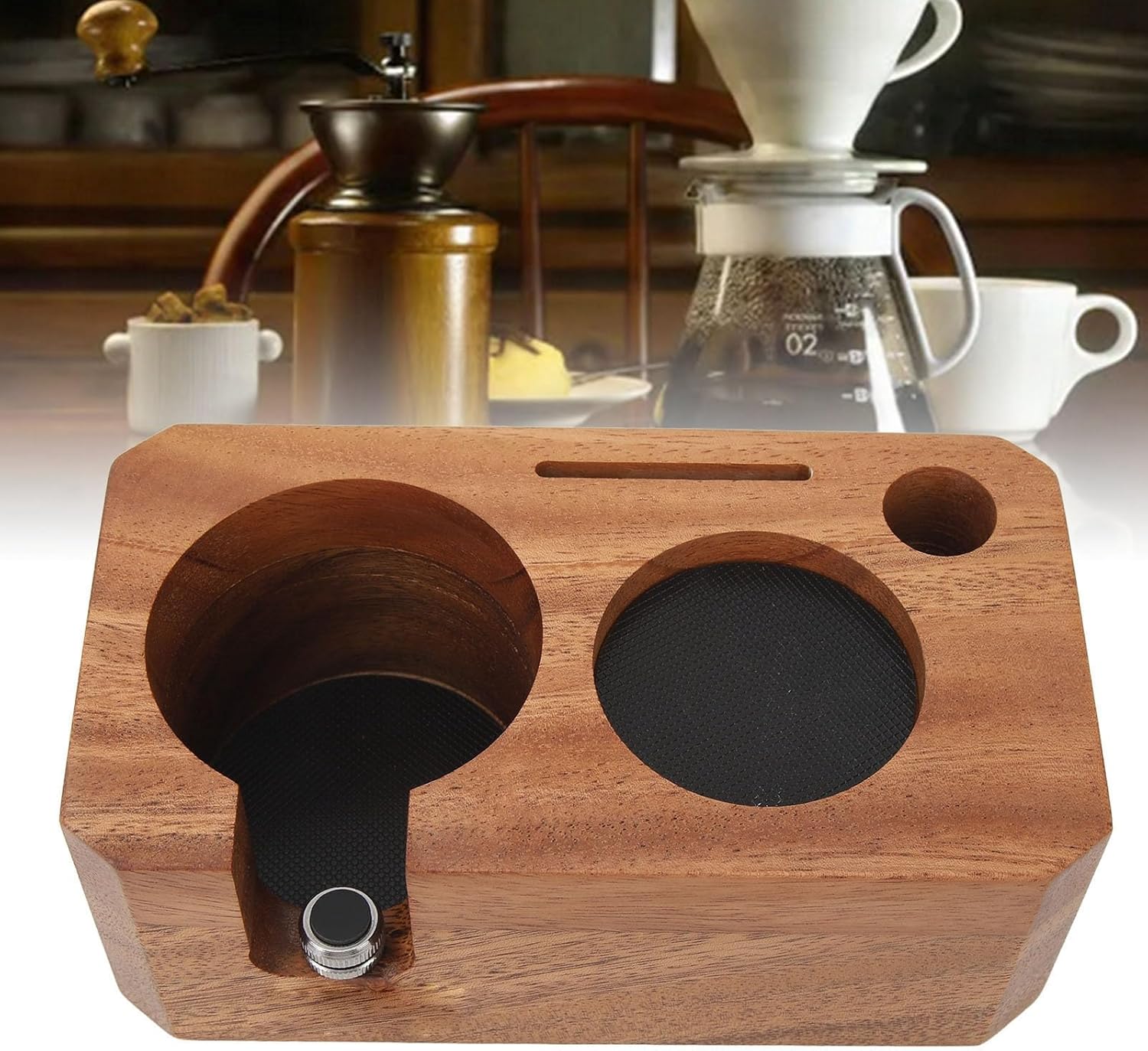 Multifunctional Coffee Knock Box - Shock Absorbent Portafilter Holder & Wooden Tamper Station, Barista Tools Countertop Organizer(Small Size)
