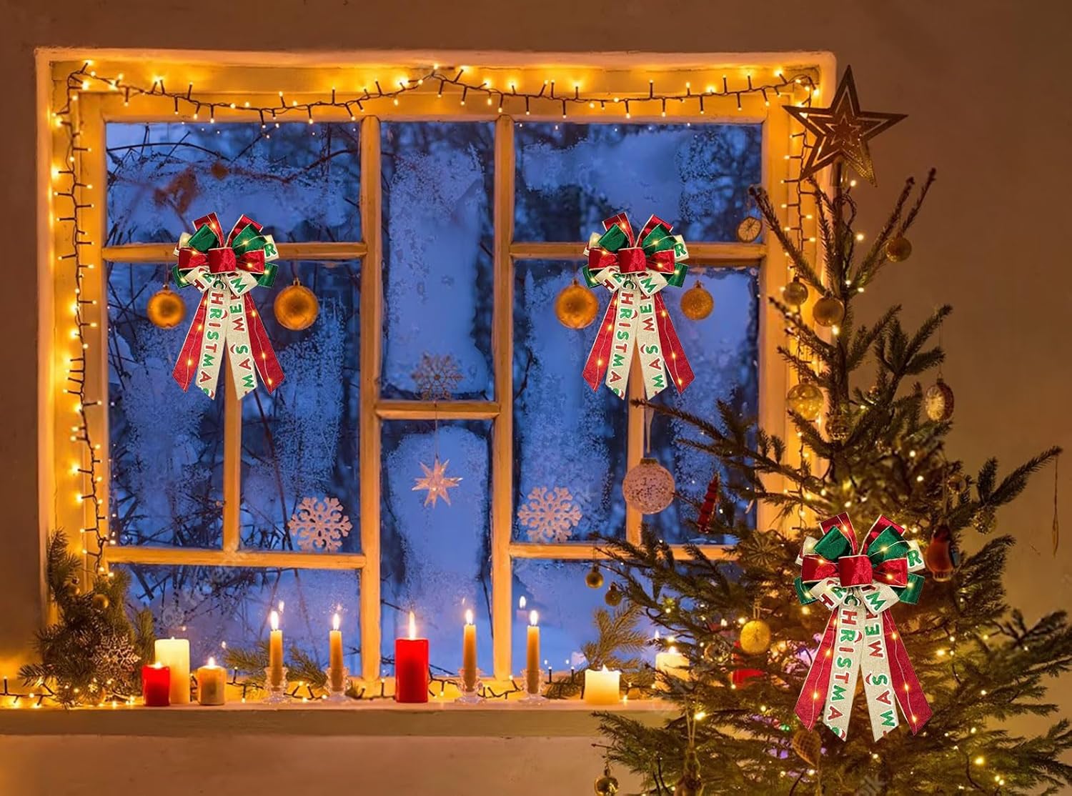 Large Christmas Wreath Bows LED Light Merry Christmas Red Green Velvet Ribbon Bows for Wreath, Tree Topper Bows for Xmas Home Indoor Outdoor Party Decoration Wreath Ornament Supplies - Image 4