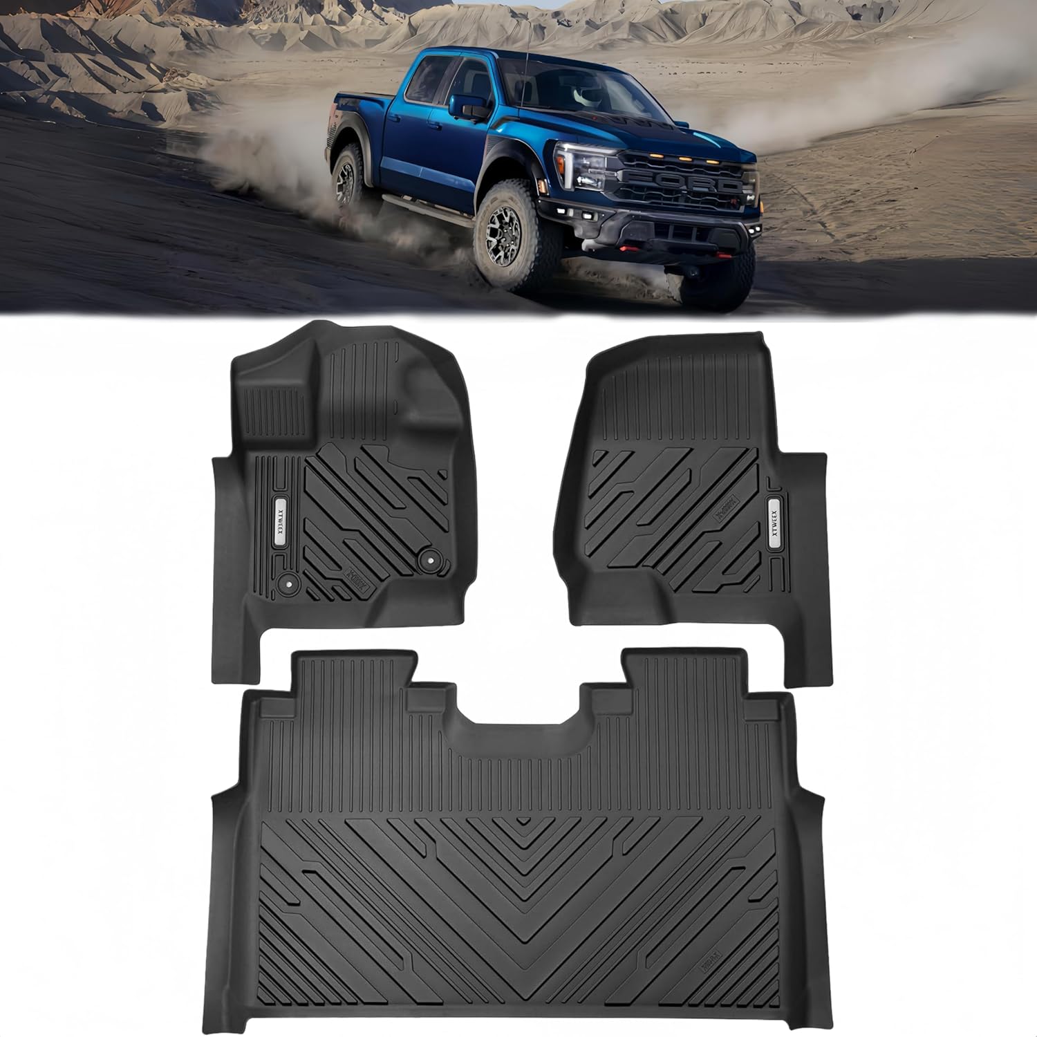 TPE All-Weather Floor Mats for 2015-2025 Ford F-150 | F-150 Lightning SuperCrew Cab (Rear w/o Fold Flat Storage) - 1st & 2nd Row, 3pcs Black | Mud Proof & Easy to Clean Car Liners Truck Mats