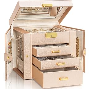 Frebeauty Joyero de 5 capas, organizador de joyas de piel sintética con 4 cajones, organizador de joyas y almacenamiento con espejo, organizador de joyas para collares, cajas de joyería para mujeres y