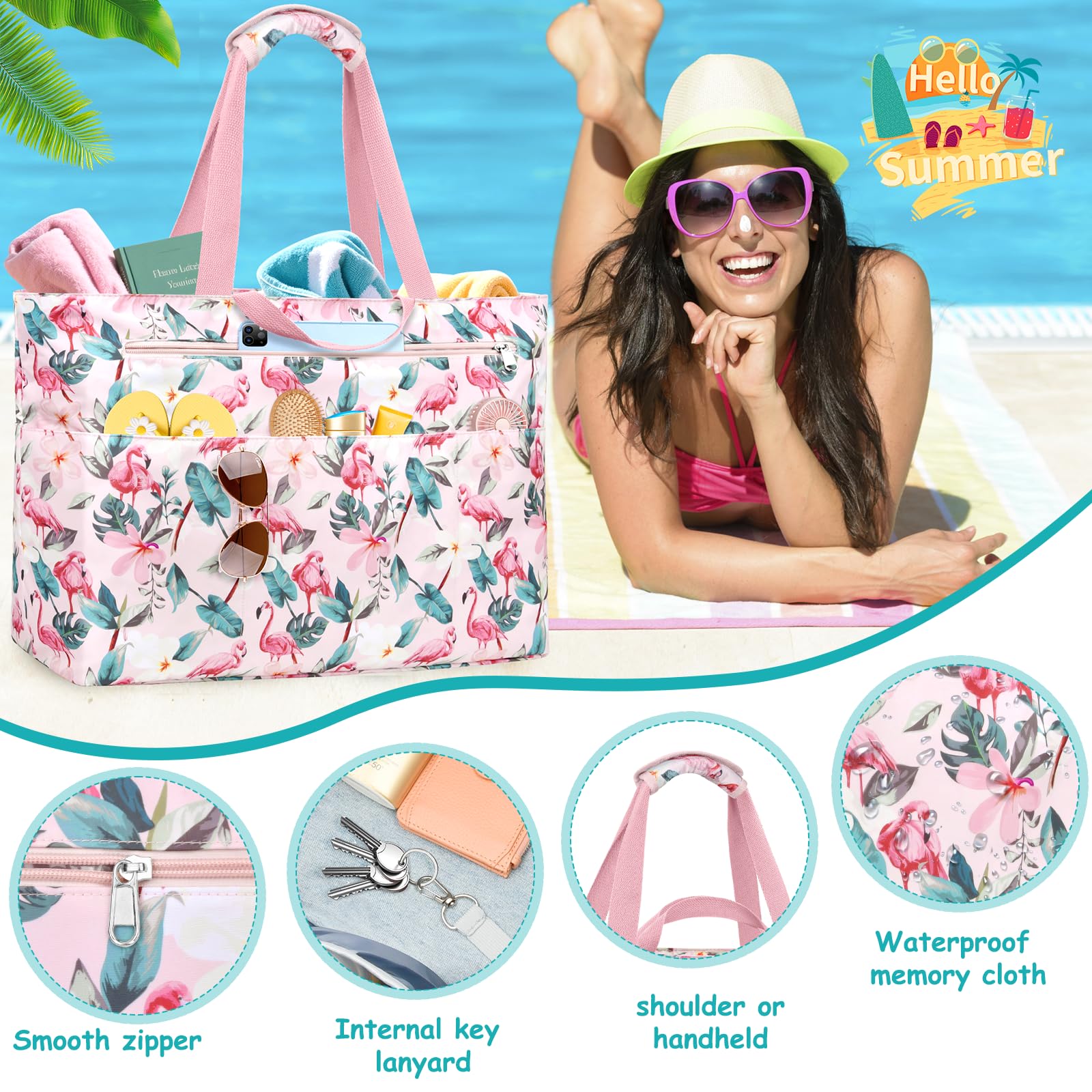 Bolsa Playa Mujer Grande Xxl Familiar Bolsos Playa Con Cremallera Beach Bag Plegable Bolsa Viaje Ligero Tote Bag Mujer Para Playa, Viajes, Picnic. 50L