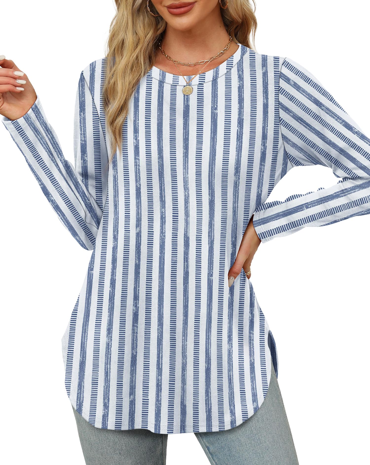 OFEEFAN Long Sleeve Shirts for Women Crewneck Basic Loose Tunic Tops Floral Beach Vacation Clothes 2025
