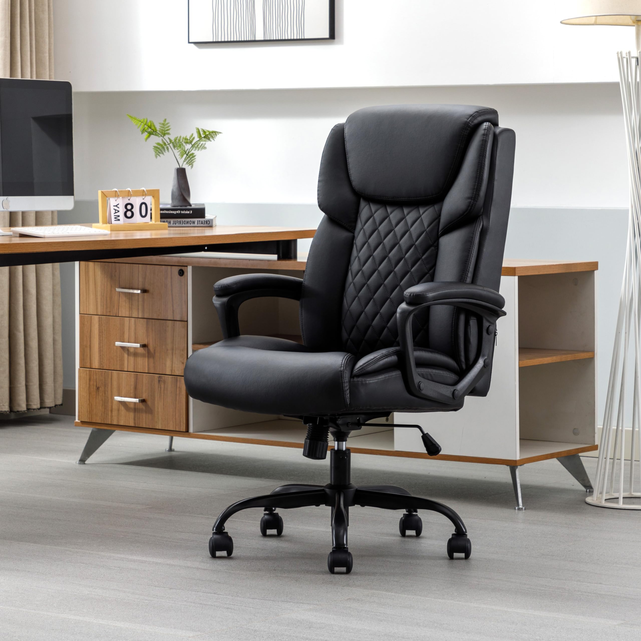 DYHOME Black Leather Office Chair High Back Executive Ergonomic Home Office Computer Desk Chair with Metal Base Modern Managerial Chair