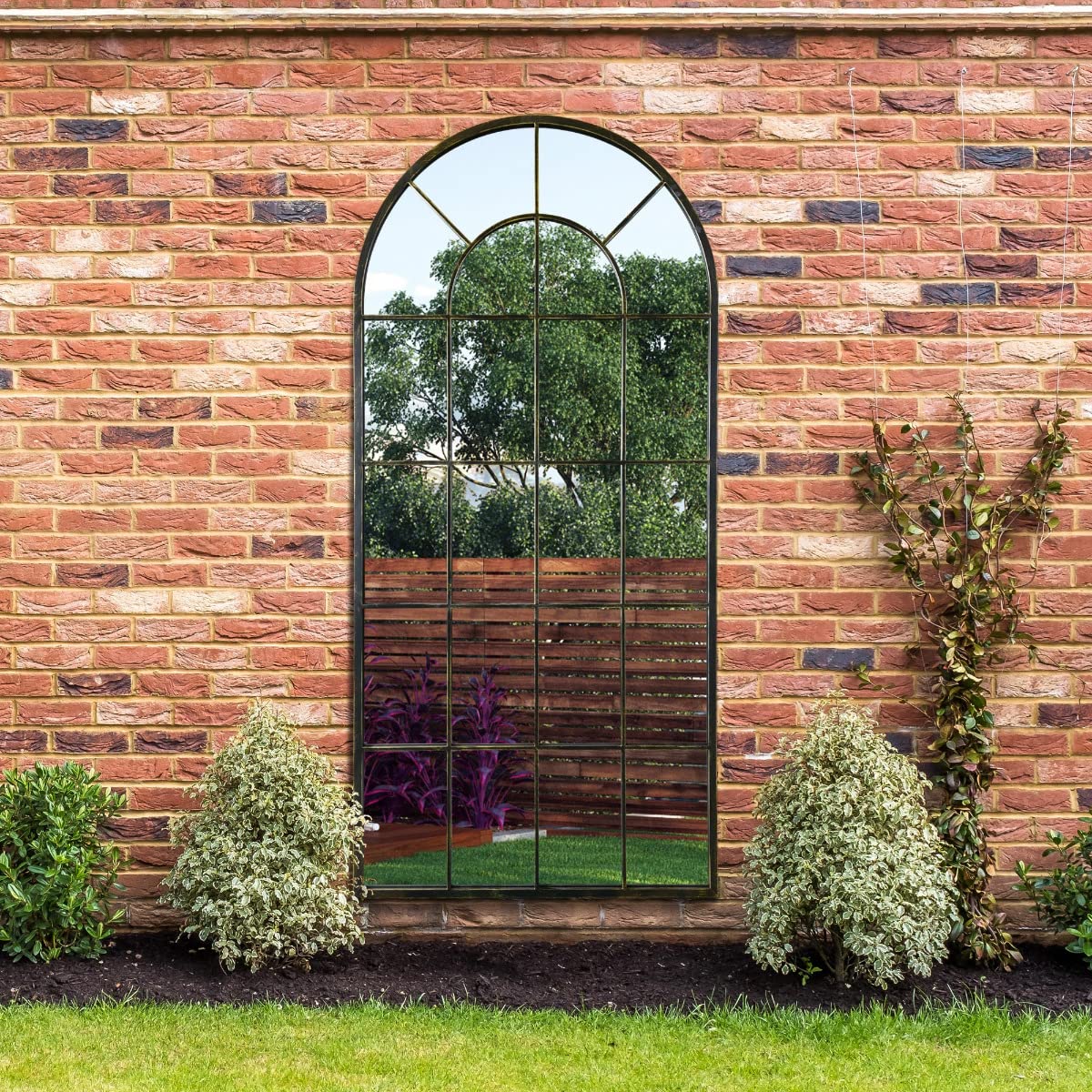 The Arcus - Antique Black Framed Window Modern Full Length Arched Garden Mirror 71" X 33.5" (180CM X 85CM) Silver Mirror Glass with Black All weather Backing.