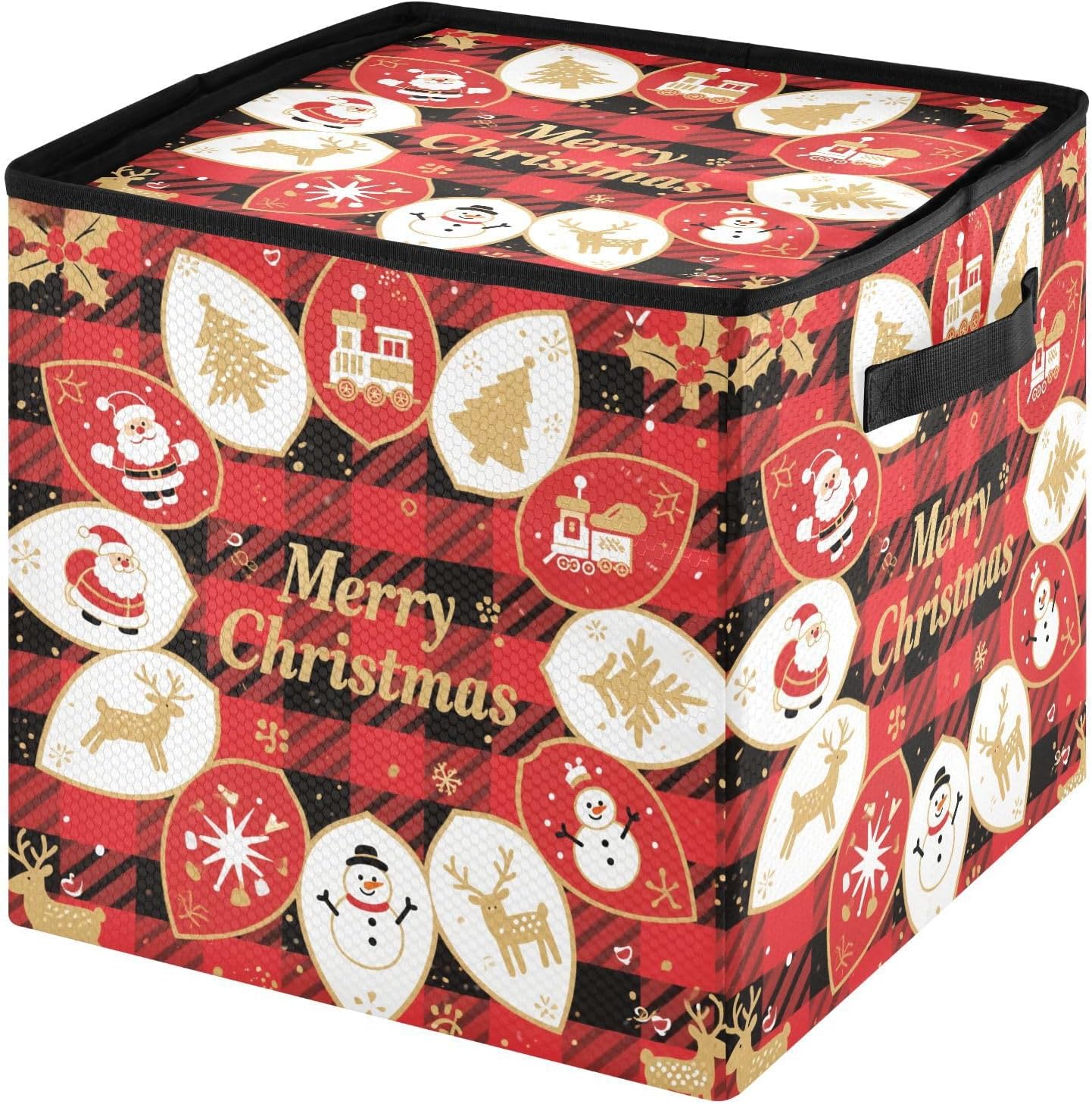 High Capacity Christmas ornament organizer Holds Up to 64, Two Handles Large Holiday Storage Case with Lid,Merry Christmas Snowflake Santa Checkered Gold and Red