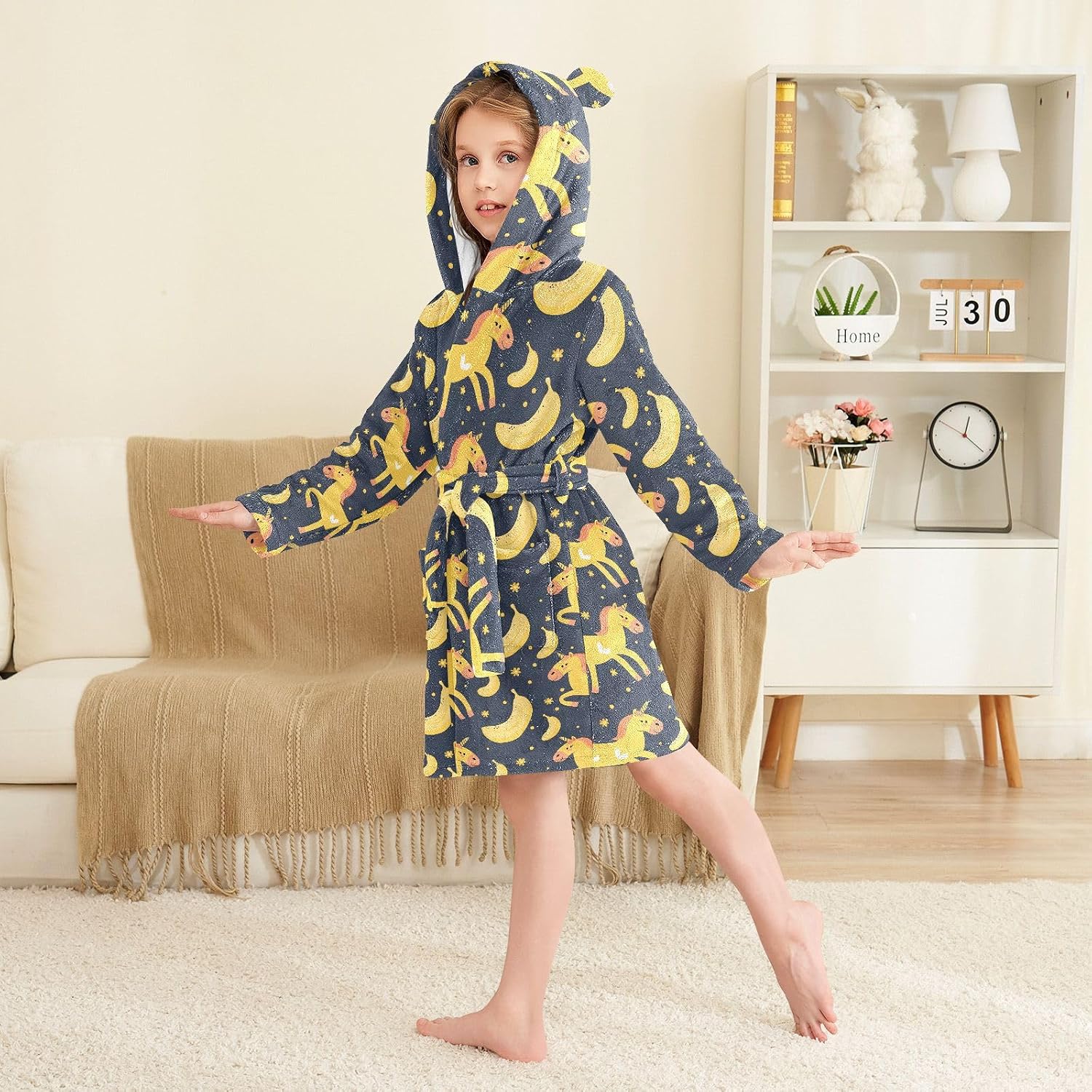senya Horse and Banana Toddler Hooded Bathrobe Kids Soft Plush Bath Towel Robes for Boys Girls 2-12 Years