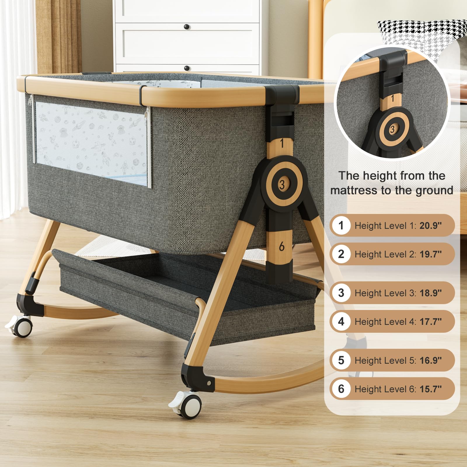 3 in 1 Baby Bassinet,Bedside Sleeper with Storage Basket and Wheels,Portable Baby Crib with Mosquito Net, 6 Adjustable Height & Breathable Mesh,Easy to Fold (Brown&Black)