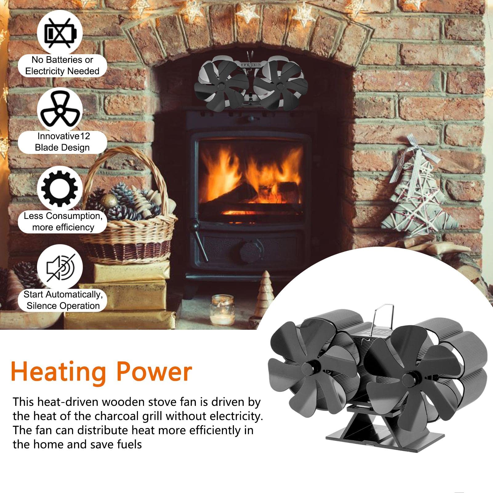 Warmte aangedreven kachelventilator, open haard ventilator met ontworpen stille werking, circulerende warme luchtbesparende brandstoffen efficiënt,12 bladeren warmteaangedreven open haardventilatoren Eco-ventilator voor thuis hout/houtbrander/open