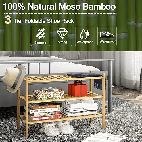 Miniatura 134 de Zapatero de bambú de 2 niveles para entrada, apilable, resistente, multifuncional, zapatero independiente para dormitorio, pasillo, armario Natural