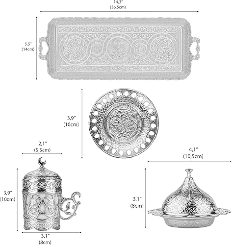 Miniatura 3 de Alisveristime Tazas de café expreso turco griego árabe otomano con platillo y tapa (juego de 2) (Hilal) (plateado)
