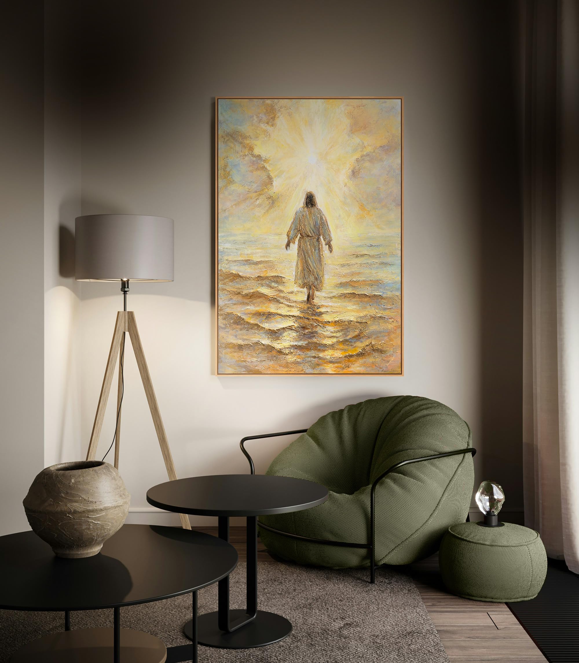 YS -Art Dipinto a mano Gesù Quadro su tela Spirituale Murale cristiana con cornice Pittura Acrilica Religiosa Mare & Luce Decorazione moderna da parete 120 x 80 cm