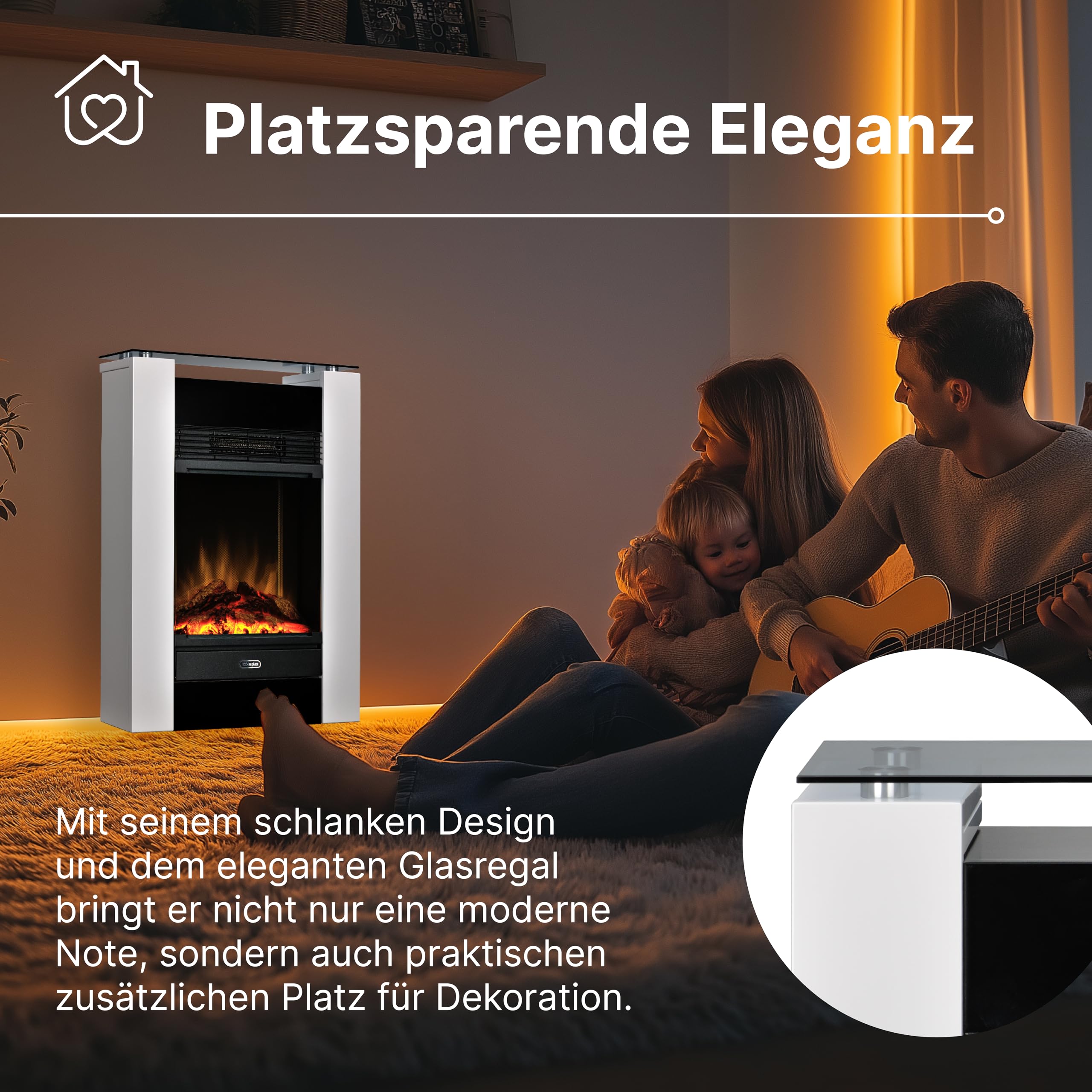 Dimplex Gisella Elektrokamin - Elektrokamin mit Heizung, Weißer Umrandung und Glasablage - LED Optiflame Flammeneffekt - Zuschaltbarer 1,5kW Heizlüfter - Inklusive Fernbedienung