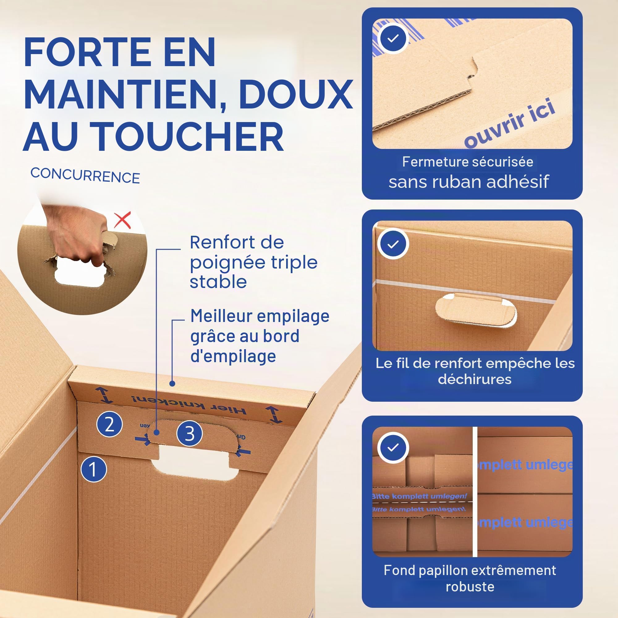 Lot de 20 Boîtes carton de déménagement stockage livres 634 x 290 x 326 mm 40 kg capacité de charge pour expédition avec poignées, rangement et emballage, réutilisables