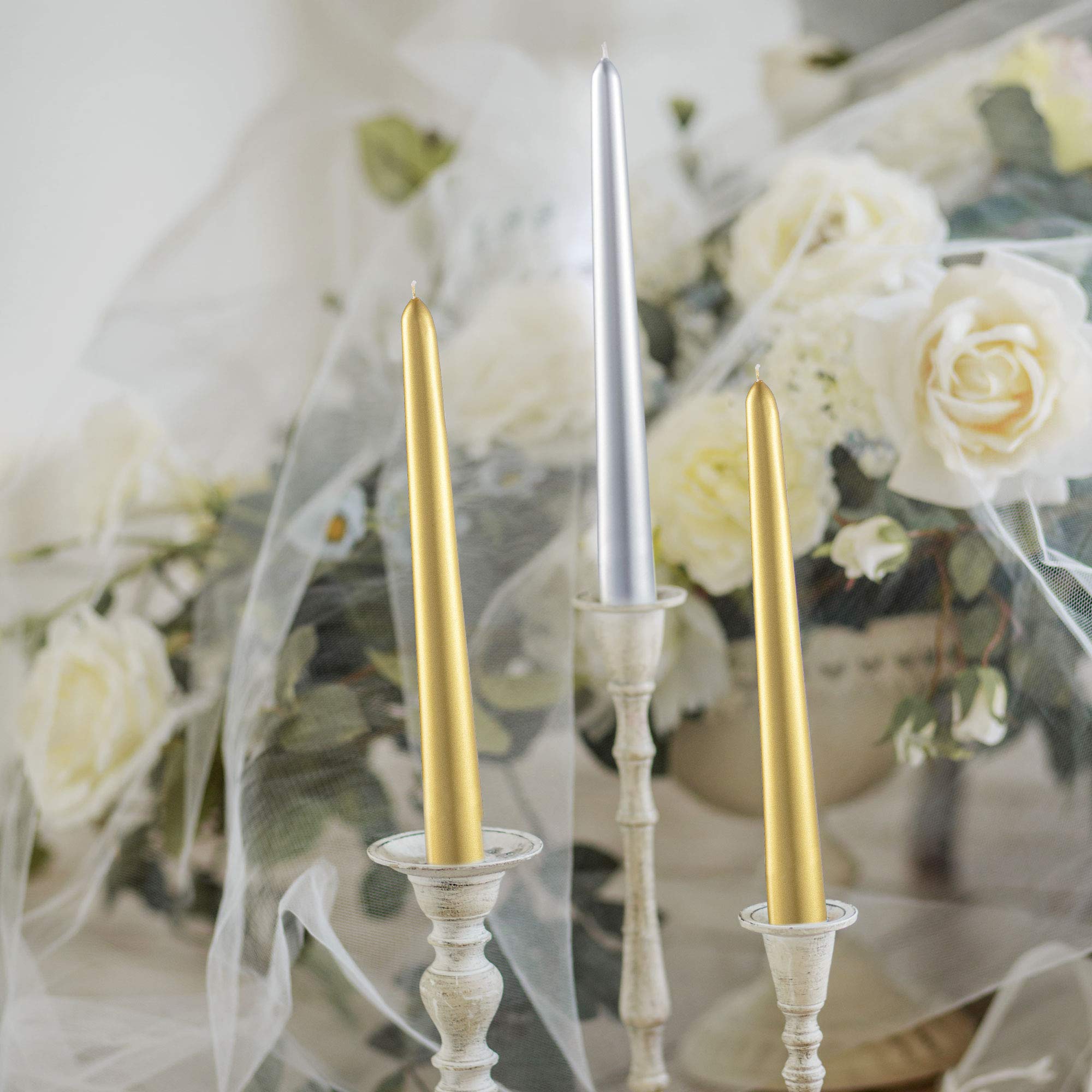 Sparas Spitzkerzen, goldfarben, 22,9 cm hoch, geruchlos, metallisch, 8 Stunden Brenndauer, einzeln verpackt, geruchlos, für Zuhause, Hochzeit, Urlaub und Partys